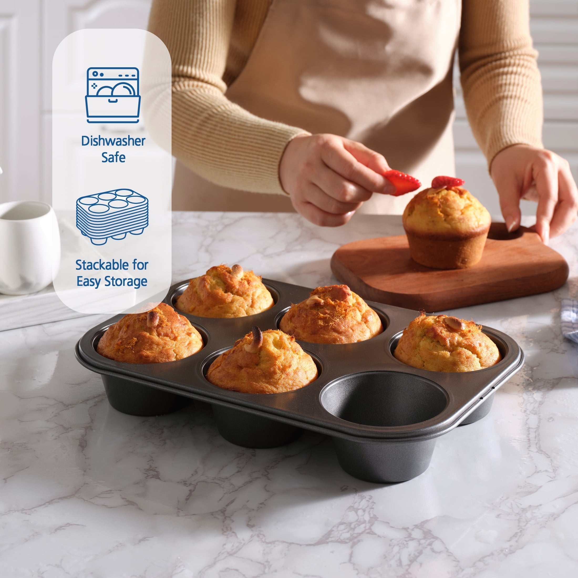 Premium Kitchen 6 Cup Jumbo Muffin Pan, Non-Stick Bakeware,3.4 inch Diameter Cups,Gray,Carbon Steel - Premium Stainless Steel Garlic Presser & Peeler Detail