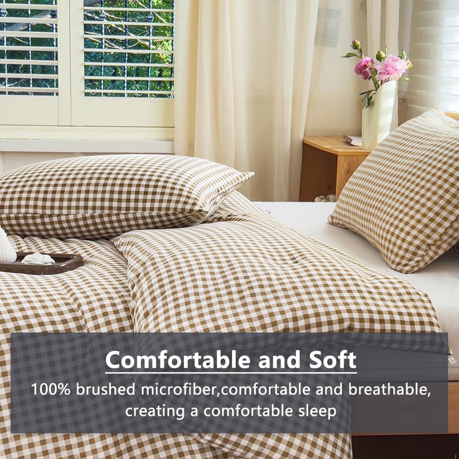 Hypoallergenic Cloud Tan Gingham Queen Comforter Set, Taupe Plaid Bedding Set, Checked Bed Comforter 3 Pieces(Tan Gingham, Queen) - All-Season Down Alternative Comforter Insert Detail