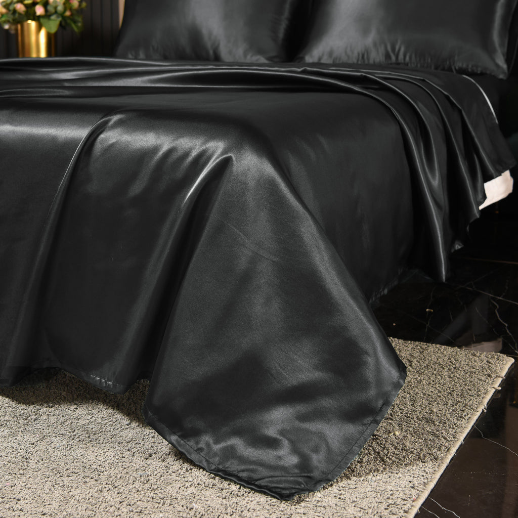 Premium Egyptian Cotton Satin Sheets Full Black Luxury Silky Bed Sheets 1800 Microfiber Sheet Set 4 Pcs - Premium Ultra-Soft Pillowcase Pair for Sleeping Detail