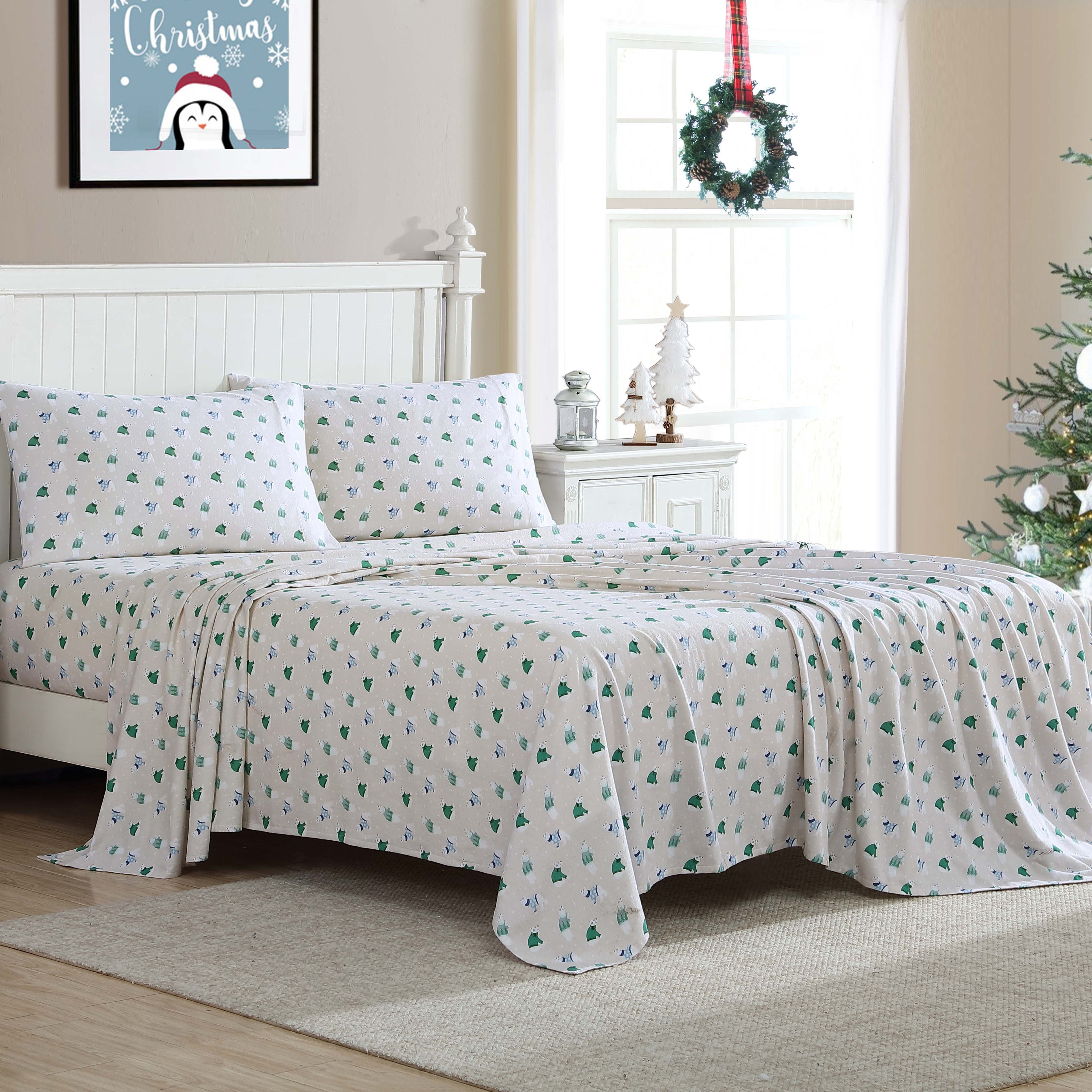 Cooling Sateen Winter Nights Cotton Flannel Sheet Set, King, Holiday Bears - Premium Ultra-Soft Pillowcase Pair for Sleeping Detail