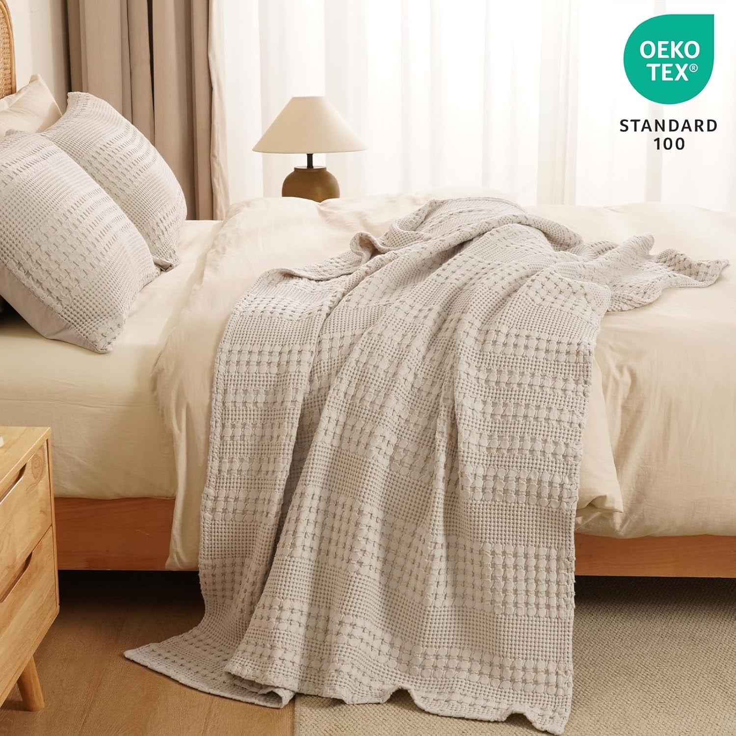 Lightweight Warm 100% Cotton Waffle Weave Blanket, Lightweight Throw Washed Blanket for Bed Sofa Home Decor, Oatmeal, 50"x60" - Luxury Knitted Decorative Throw Blanket with Fringes Detail