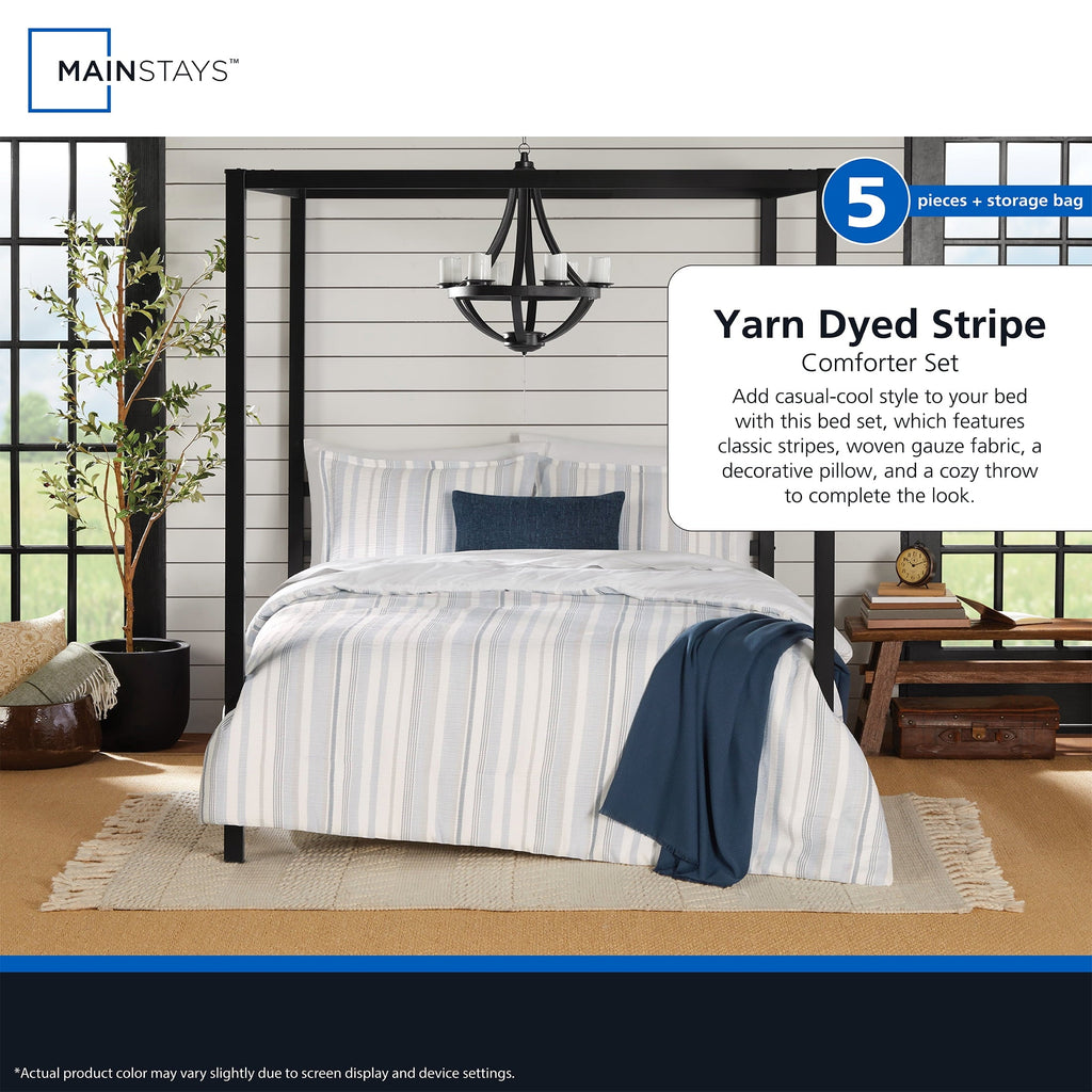 Heavyweight Warmth Full/Queen Comforter Set, All-Season, 5-Piece, Blue Yarn Dyed Stripe - Luxurious Quilted Duvet Cover Set Detail