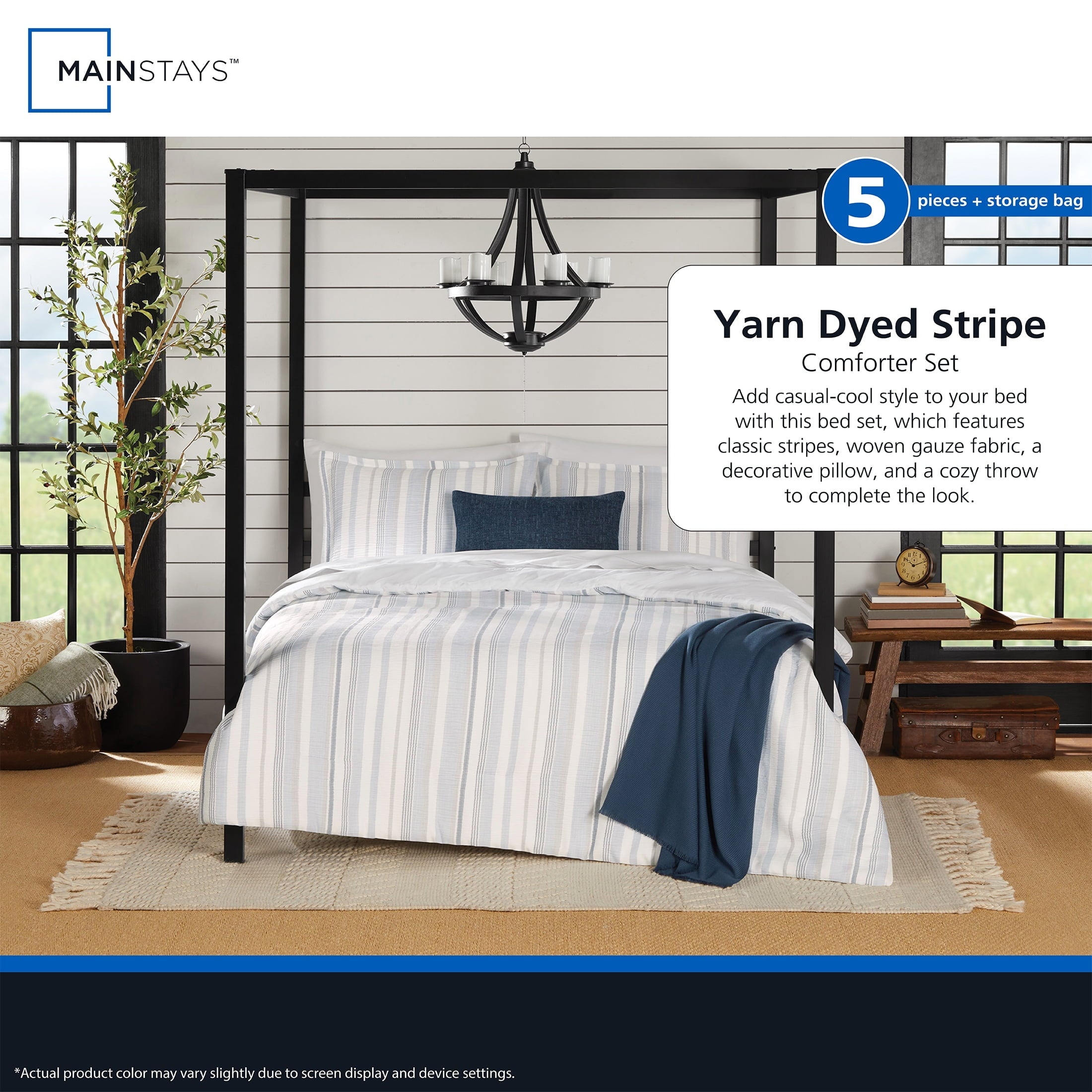 Heavyweight Warmth Full/Queen Comforter Set, All-Season, 5-Piece, Blue Yarn Dyed Stripe - Luxurious Quilted Duvet Cover Set Detail