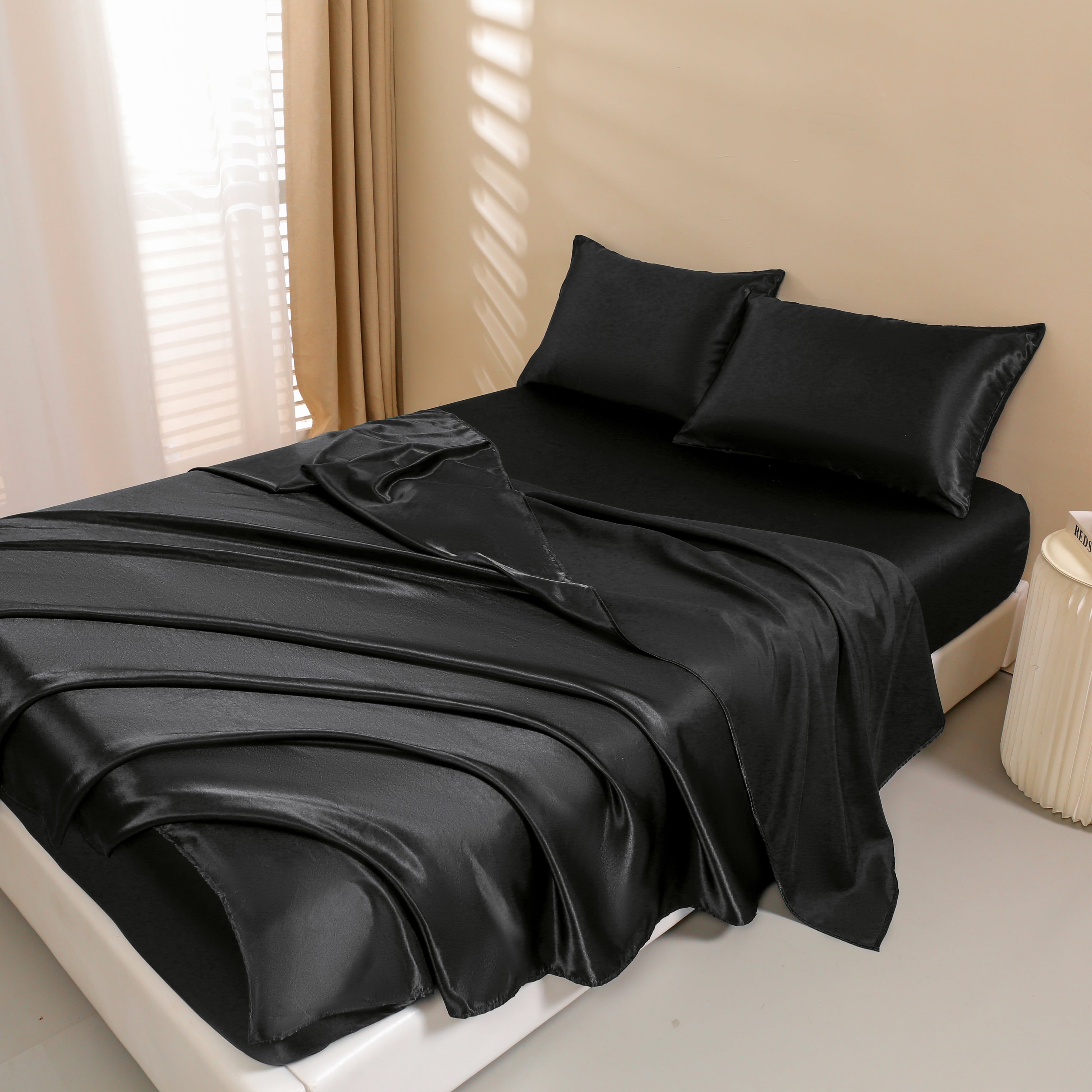 Premium Egyptian Cotton 4Pcs Black Satin Sheets Queen Set Silk Sheets 13" Deep Pocket Ultra Soft silky Bed Sheet Set - Cooling Hotel Quality Bedding Sheets and Pillowcases Detail