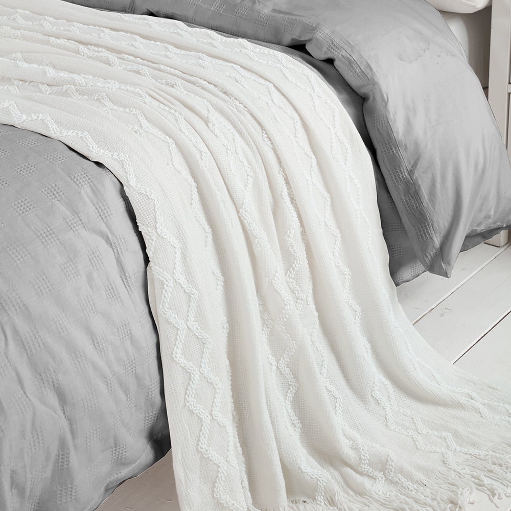 Lightweight Warm Fluffy Chenille Knitted Fringe Throw Blanket, Lightweight Soft Cozy Bed Sofa Chair Blanket, White, 50" x 60" - Cozy Fleece Throw Blanket for Couch & Bed Detail