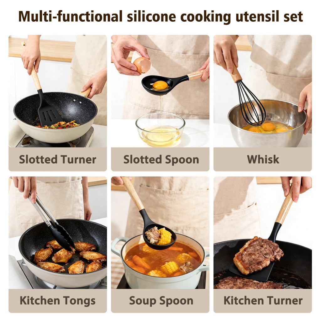 Seamless One-Piece Silicone Cooking Utensils Set, Heat Resistant Kitchen Cooking Utensils Set, 12 PCS Handle Silicone Kitchen Gadgets Ut... - Durable Turner & Ladle Utensil Set for Home Chefs Detail