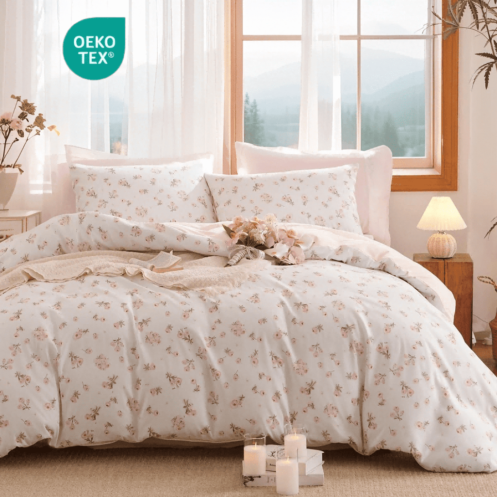 Hypoallergenic Cloud Pink loyalty Floral Comforter Queen Sets, 3 Pieces Chic Botanical Pink White Floral Reversible Comforter for All Season - All-Season Down Alternative Comforter Insert Detail