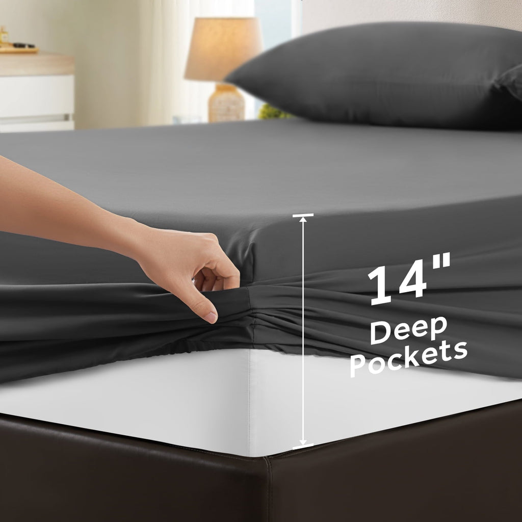 Wrinkle-Resistant Sheets,Soft Hotel Luxury Polyester Washed Cotton,4 Piece Sheets Set,with 14" Deep Pocket,Dark Gray - Breathable Egyptian Cotton Flat & Fitted Sheets Detail