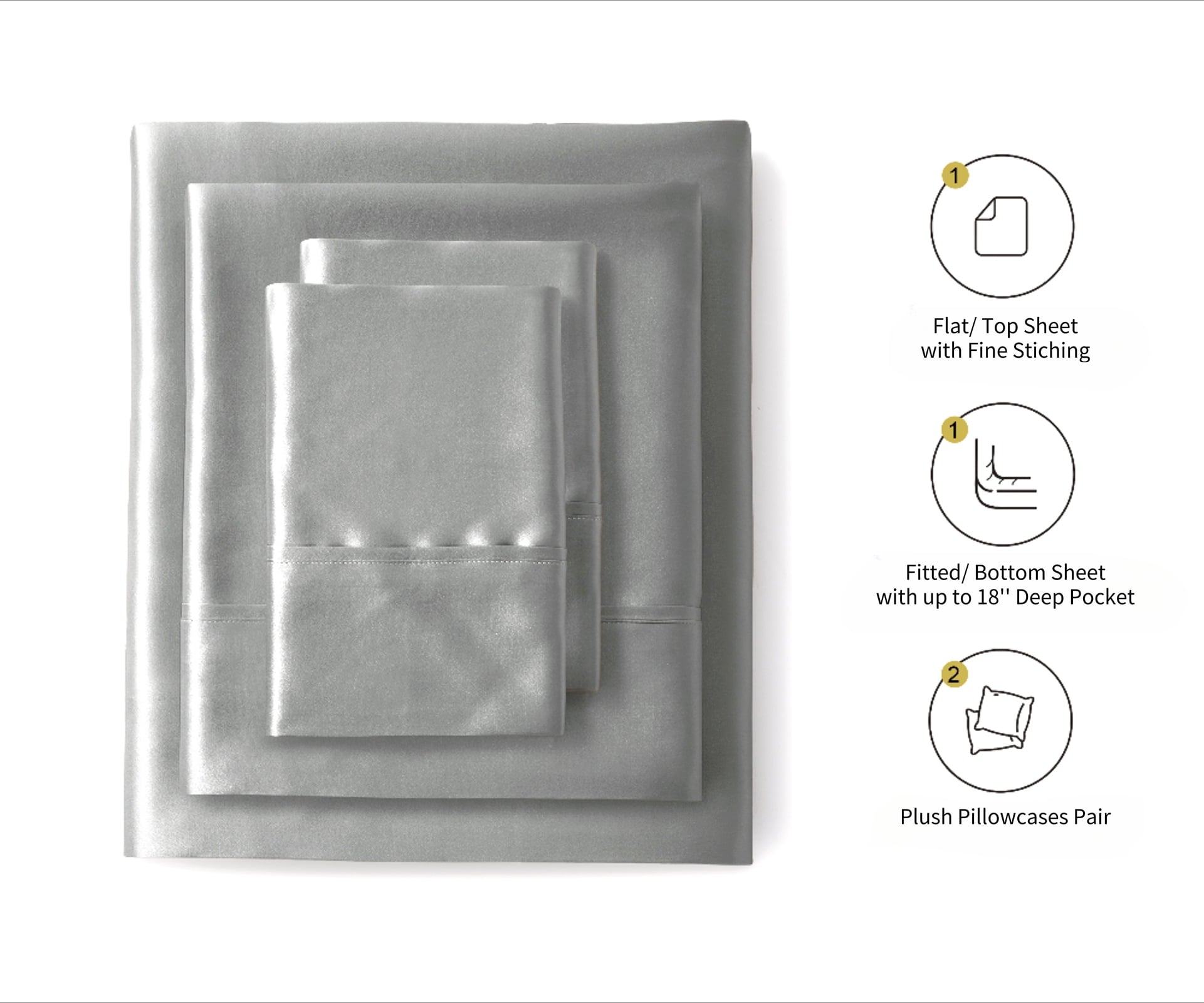 Breathable Luxury Luxury Satin Sheets Set Full Size Light Gray, 4-Piece Bedding Sets with Deep Pockets - Soft and Smooth Satin Bed Shee... - Premium Ultra-Soft Pillowcase Pair for Sleeping Detail