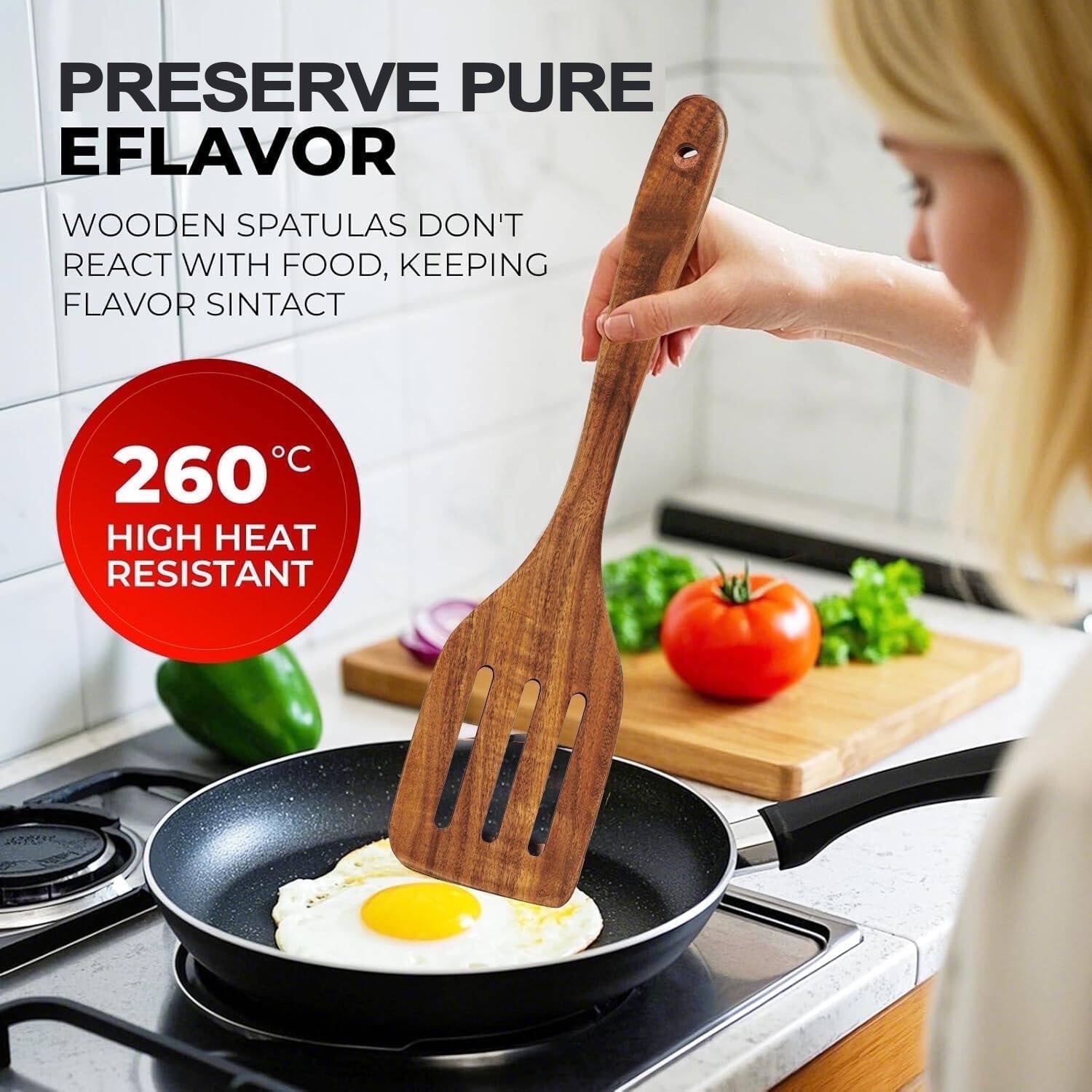 Heat-Resistant 6-Piece Natural Teak Wooden Spoons for Cooking With 10 Hooks，Handcrafted Kitchen Utensils Set ，Ideal Gift Set - Premium Stainless Steel Cooking Utensil for Non-Stick Pots Detail