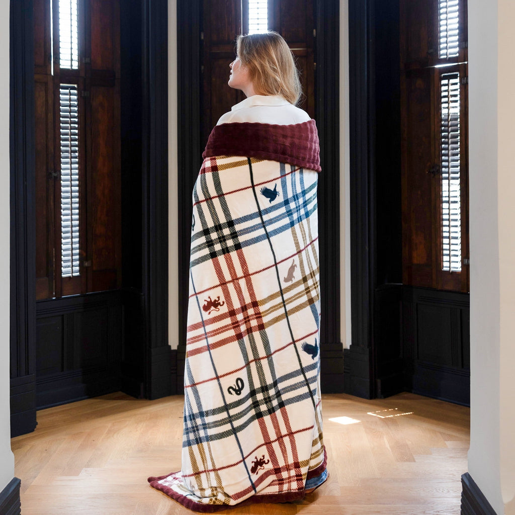 Super Soft Flannel Academic Plaid Tartan Crest with Faux Leather Patch and Milky Mink Reverse Throw, 60x70 inches - Luxury Knitted Decorative Throw Blanket with Fringes Detail