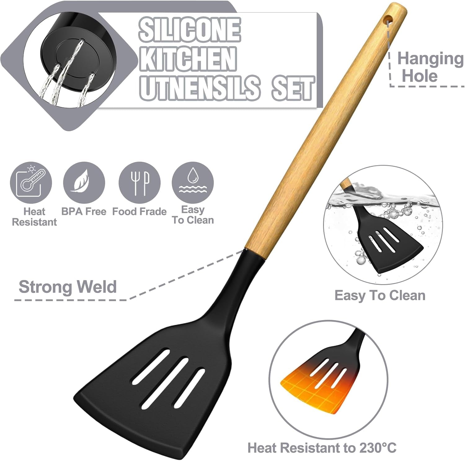 Heat-Resistant Kitchen Utensil Set, 34Pieces Silicone Cooking Utensil Set with Wooden Handle, Heat Resistant Spatula Set Gadg... - Heat-Resistant Silicone Cooking Spatula Turner Detail