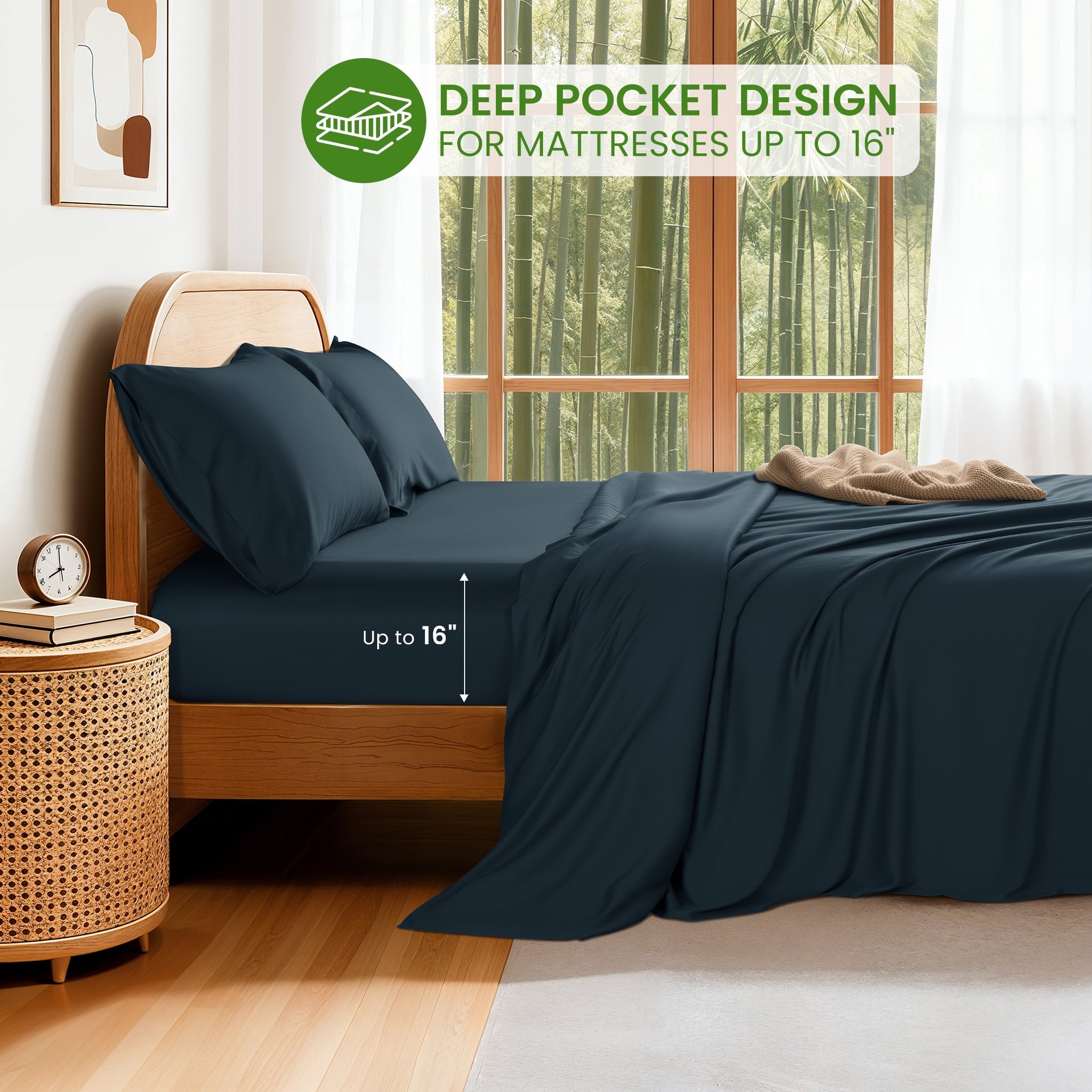 Breathable Luxury 100% Organic Luxurious Bamboo Sheets, Queen Sheet Set 4-Piece with 16" Deep Pocket, Silky Smooth Luxury Bed Sheets, N... - Premium Ultra-Soft Pillowcase Pair for Sleeping Detail