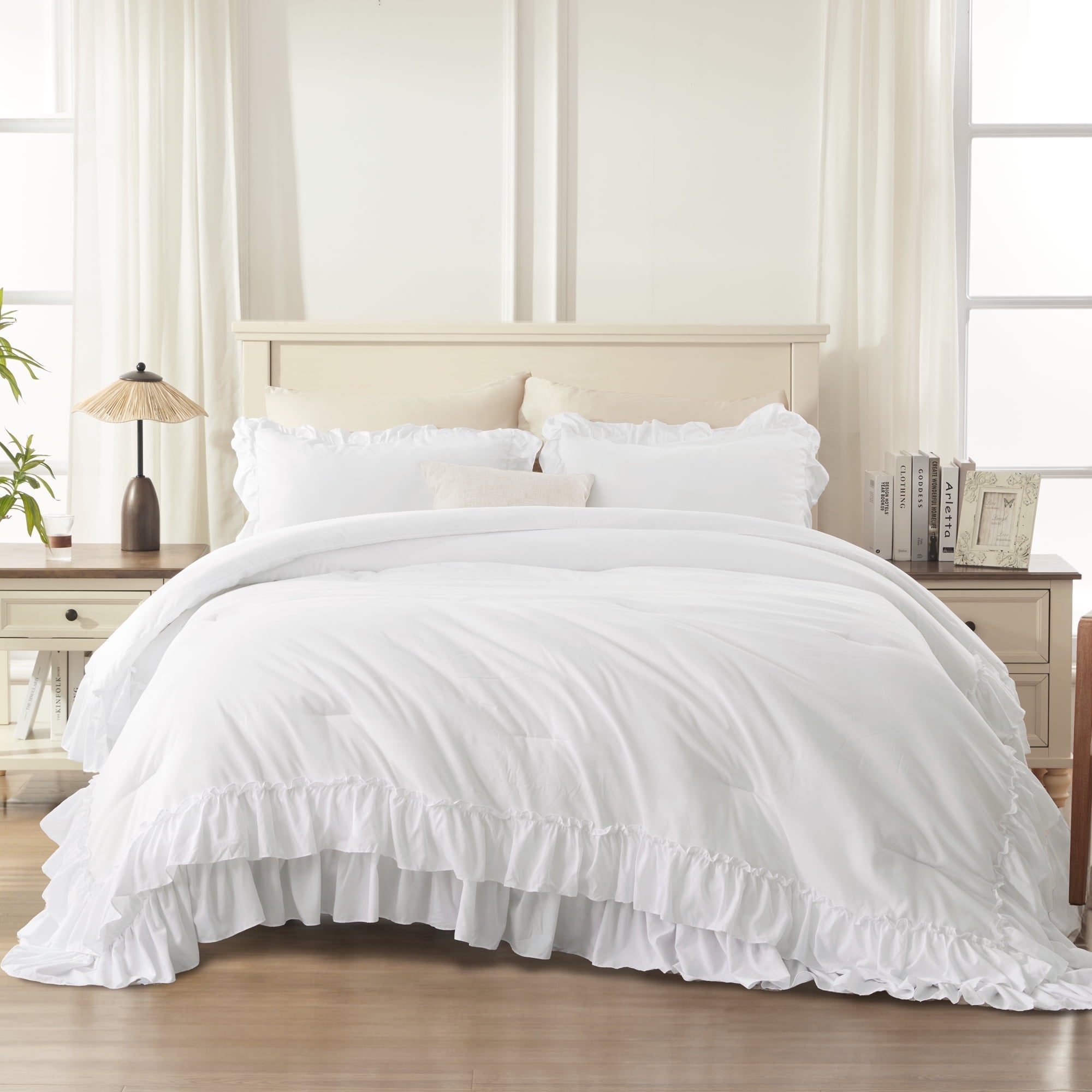 Luxurious Quilted Queen Comforter Set White - 3 Pieces Soft Fluffy Ruffle Bedding Comforter Sets for Queen Bed, All Season Farmhouse Li... - All-Season Down Alternative Comforter Insert Detail