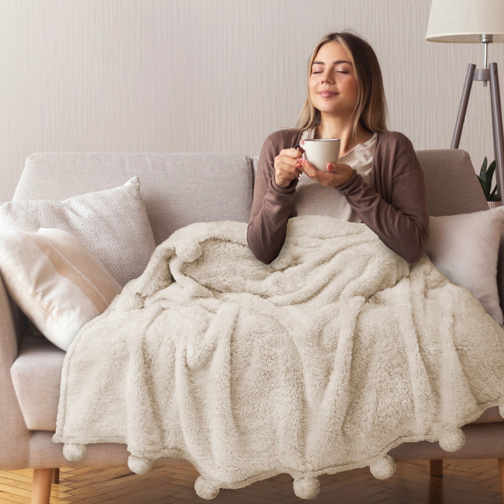 Cozy Fleece Ivory Cream Sherpa Throw Blanket with Soft Pom Pom Fringe, Plush Cozy Warm Blankets for Couch Bed Sofa, Fuzzy Fleece ... - Super Soft Reversible Sherpa Flannel Blanket Detail