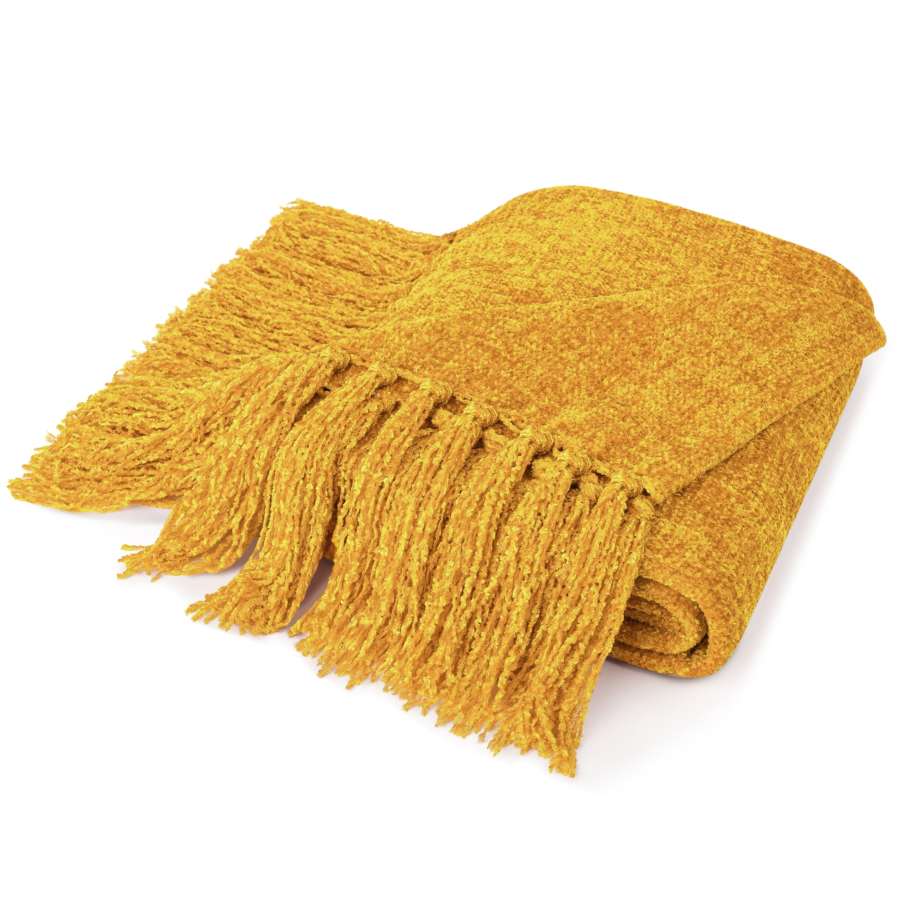 Lightweight Warm Mustard Yellow Chenille Throw Blanket for Couch, Soft Gold Knit Blanket with Tassel Fringe, Woven Chenille Knitted De... - Luxury Knitted Decorative Throw Blanket with Fringes Detail