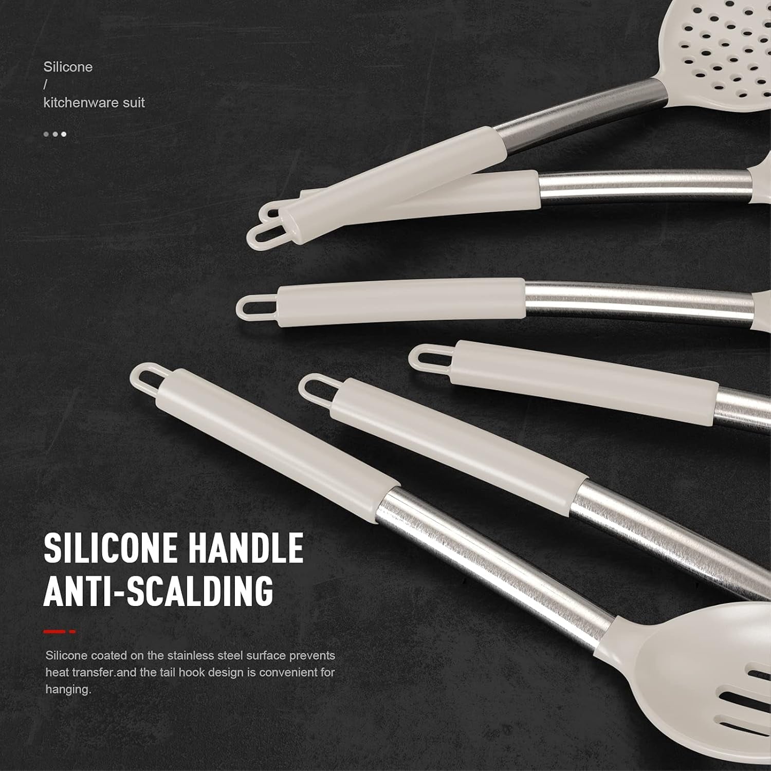 Heat-Resistant Large Silicone Cooking Utensils Set - Heat Resistant Kitchen Utensils,Turner Tongs,Spatula,Spoon,Brush,Whisk,Stainles... - Premium Stainless Steel Cooking Utensil for Non-Stick Pots Detail