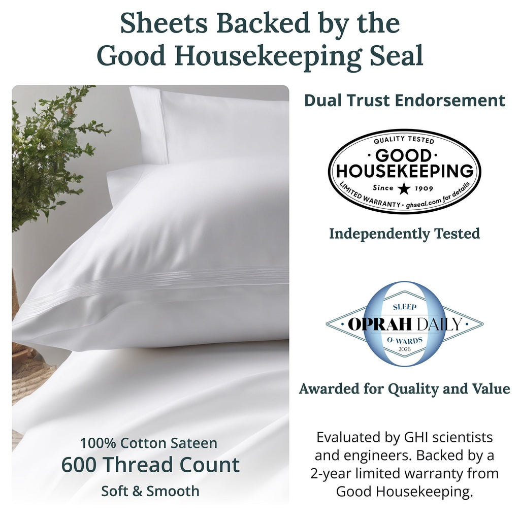 Cooling Sateen 100% Cotton Queen Sheets Set - 600 Thread Count 100% Cotton Sheets Queen, Sateen Deep Pocket Adult/Teen 4 Piece Bed Sh - Luxury Bed Sheet Set with Deep Pockets Detail