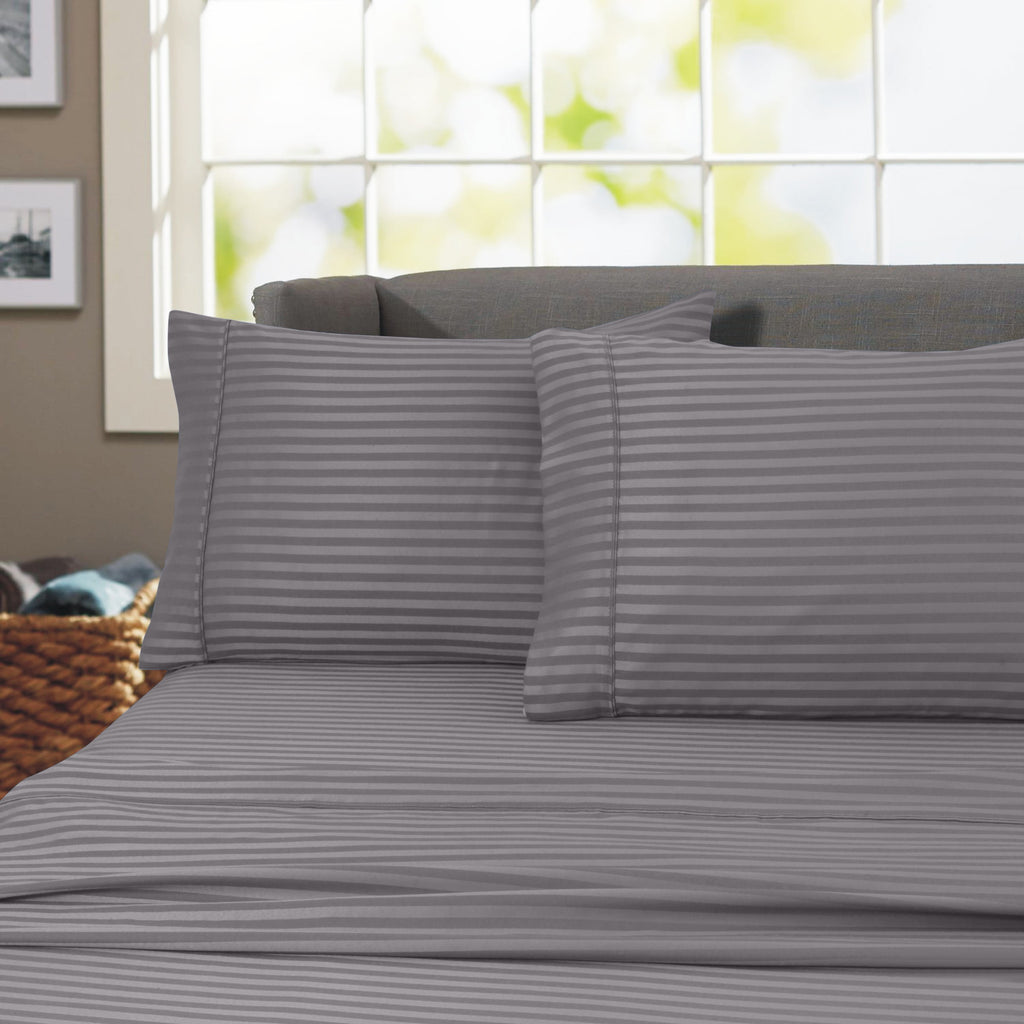 Breathable Luxury 600 100% Cotton Wrinkle Free Striped Sheet Set (Twin, Gray) - Cooling Hotel Quality Bedding Sheets and Pillowcases - Default Title