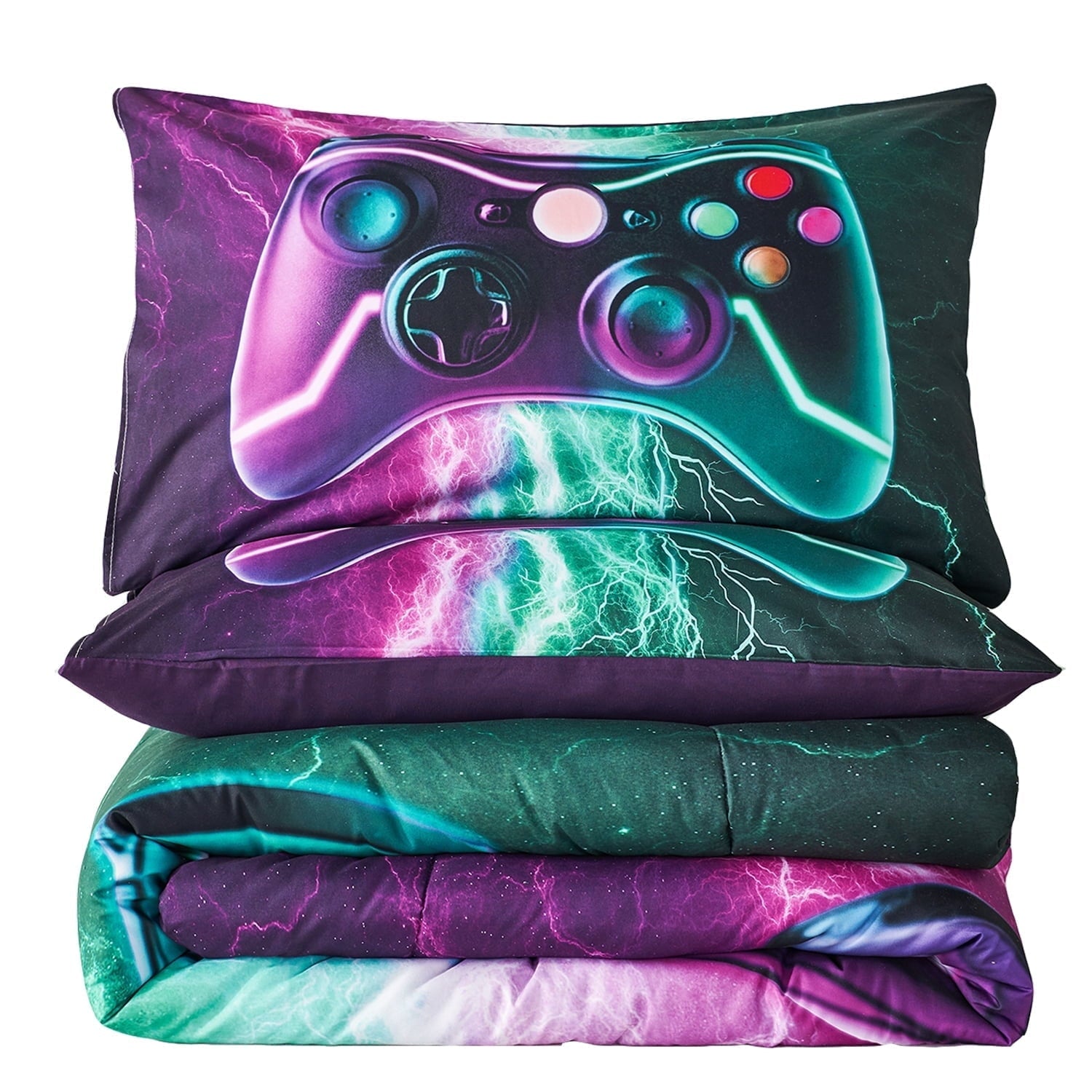 Heavyweight Warmth Queen Size Gaming Comforter Set for Boys,3-Piece 3D Green Purple Lightning Game Controller Bedding Set for Kids Teens - Cloud-Like Soft Lightweight Bed Comforter Detail