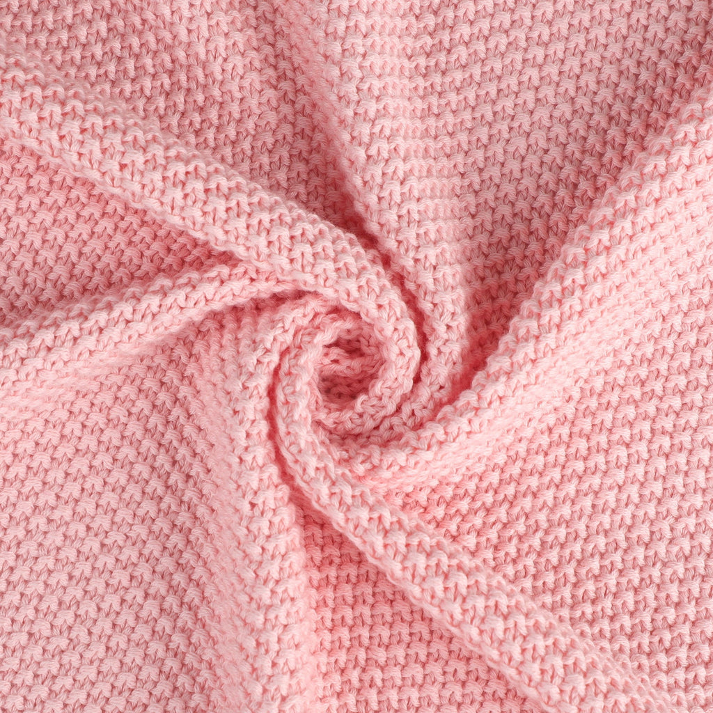 Super Soft Flannel Pure Cotton Soft Cable Knit Throw Blanket Pink 50" x 70" - Luxury Knitted Decorative Throw Blanket with Fringes Detail