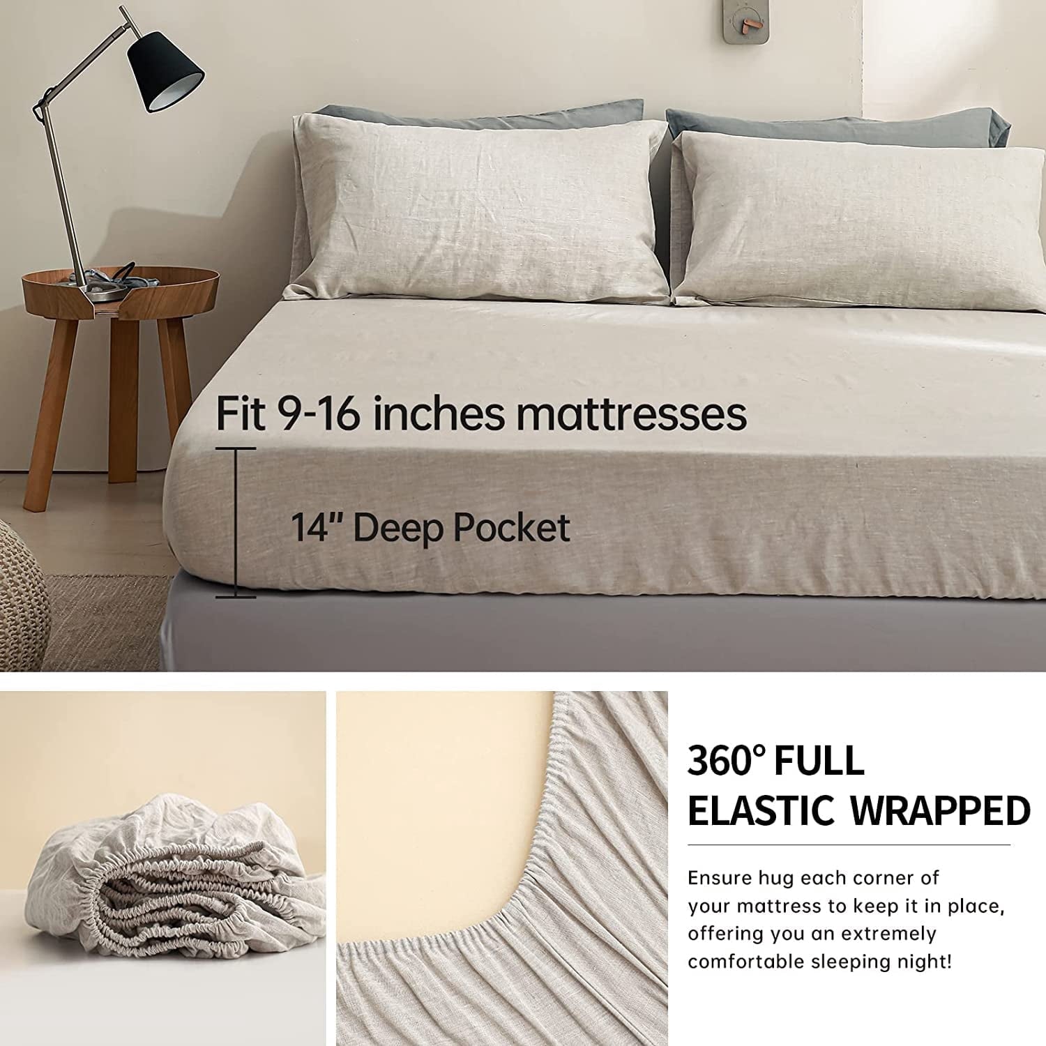 Cooling Sateen 100% Linen Sheet Set Solid Color-4 Pcs Washed French Linen Bed Sheets(1 Flat Sheet,1 Fitted Sheet,2 Pillowcases)-Brea... - Luxury Bed Sheet Set with Deep Pockets Detail