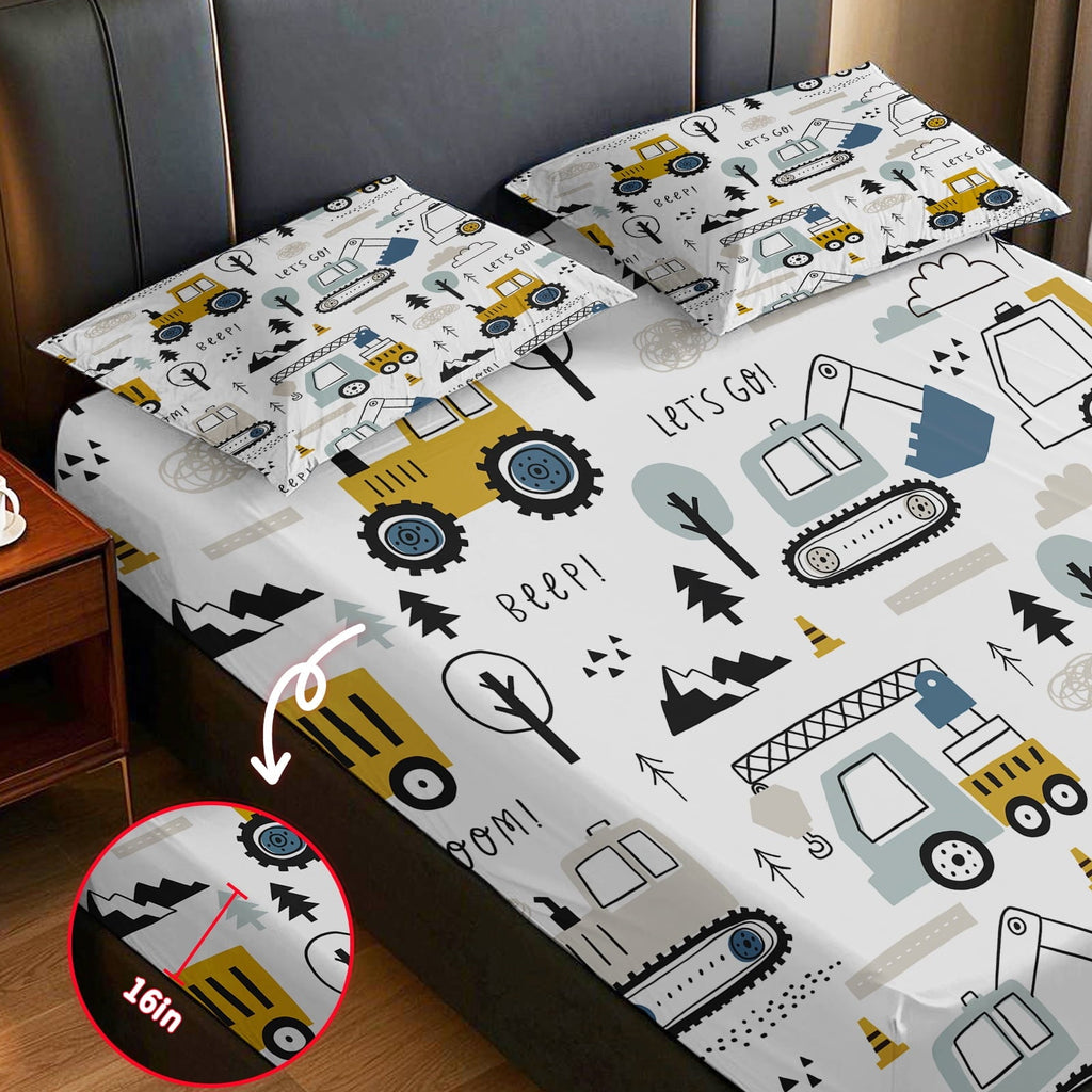 Cooling Sateen Cartoon Excavator Sheet Set for Kids Boys Truck Construction Bedding Set Engineering Vehicle Bed Sheet Sets with 1 Fi... - Luxury Bed Sheet Set with Deep Pockets Detail
