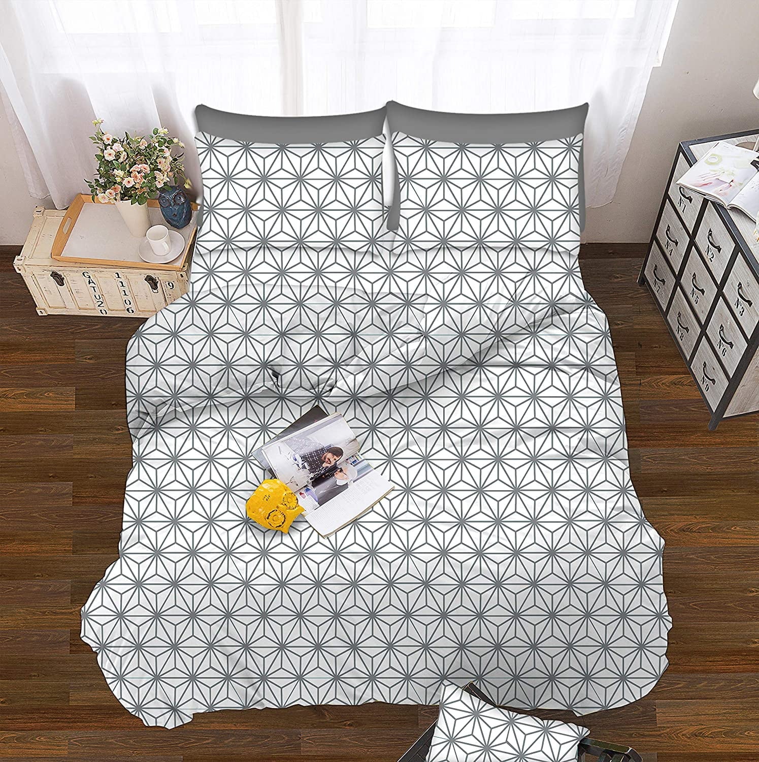 Wrinkle-Resistant Bed Sheets Full Gray Texture/Embroidery 1500 Thread Count Microfiber - Breathable Egyptian Cotton Flat & Fitted Sheets Detail