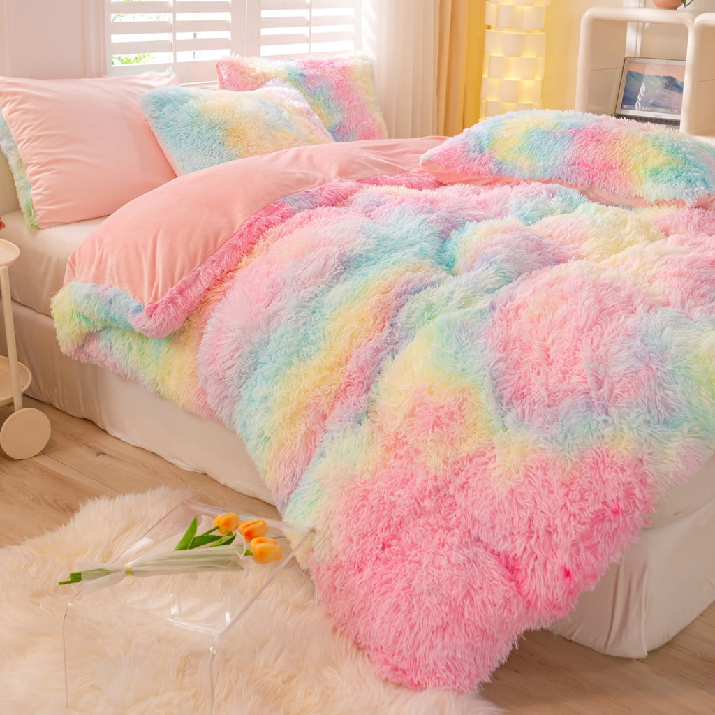 Hypoallergenic Cloud 3Pcs Pink Faux Fur Twin Comforter Set for Girls Tie Dye Rainbow Kid Bed Set Plush Shaggy Bedding Sets Fuzzy Bed Comfo... - Hypoallergenic Ultra-Fluffy Quilt for Winter Detail