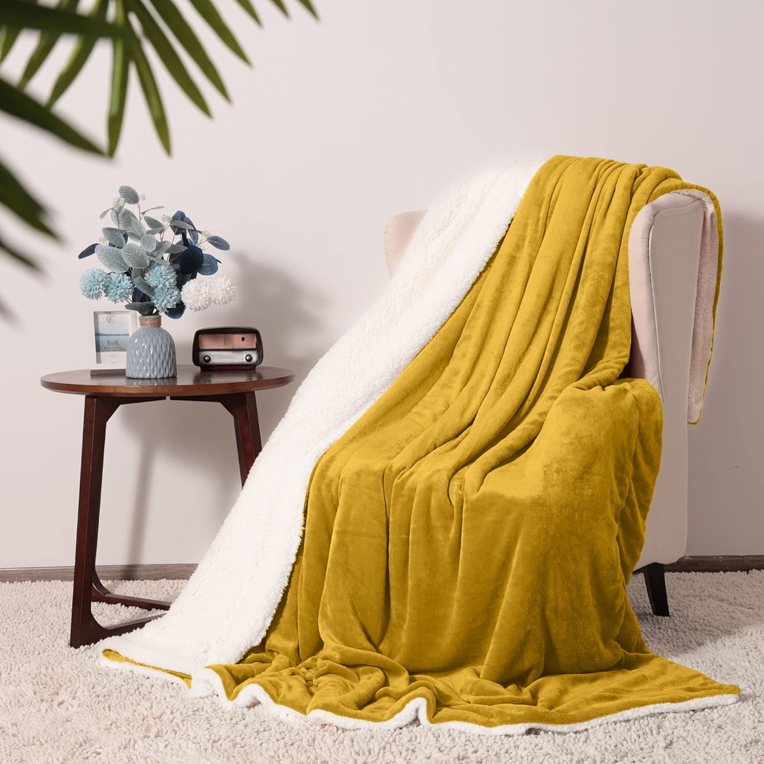 Cozy Fleece Moonlight20015 Sherpa Blanket Fluffy Plush Couch & Travel Blanket Reversible Throw Size Ochre Color - Luxury Knitted Decorative Throw Blanket with Fringes Detail