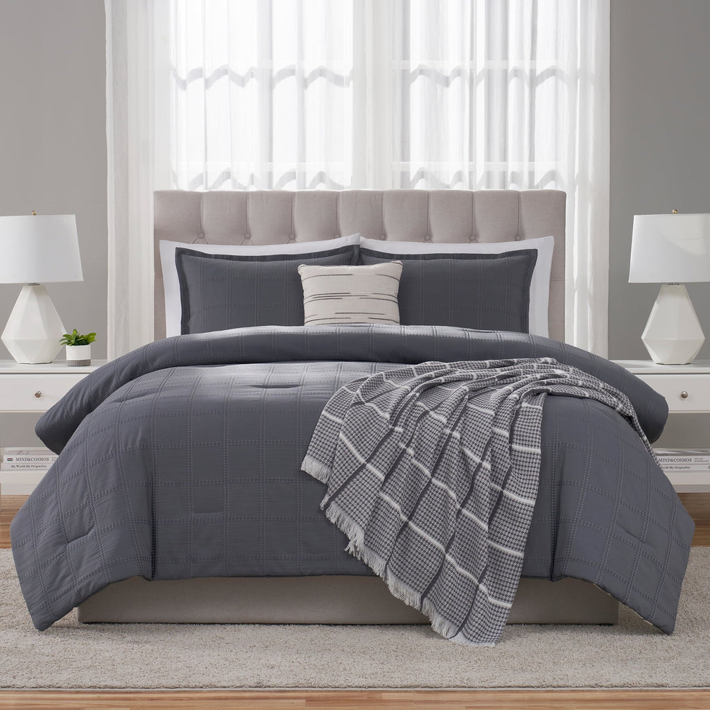 Heavyweight Warmth Full/Queen Comforter Set, All-Season, 5-Piece, Grey Waffle Check - Hypoallergenic Ultra-Fluffy Quilt for Winter Detail
