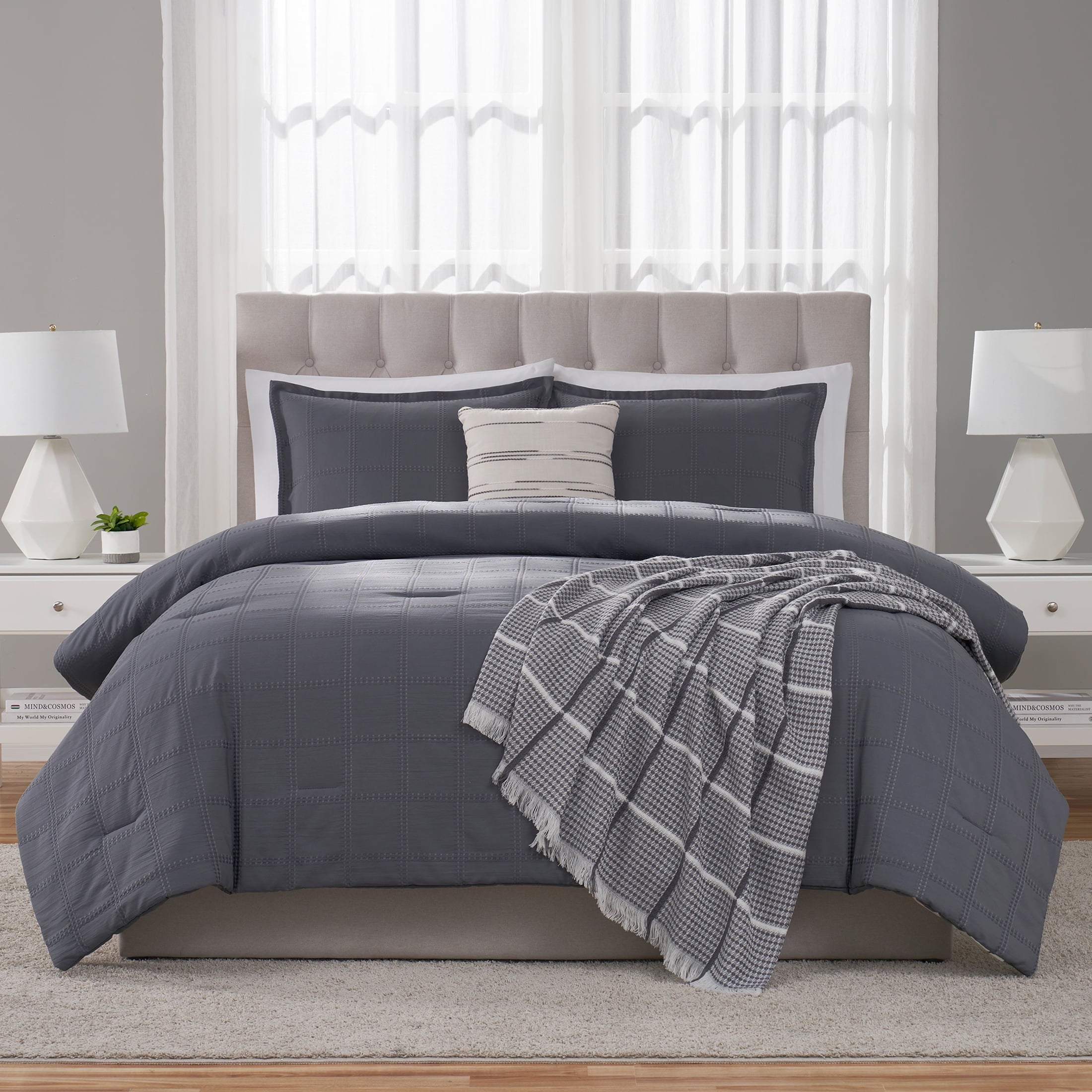 Heavyweight Warmth Full/Queen Comforter Set, All-Season, 5-Piece, Grey Waffle Check - Hypoallergenic Ultra-Fluffy Quilt for Winter Detail