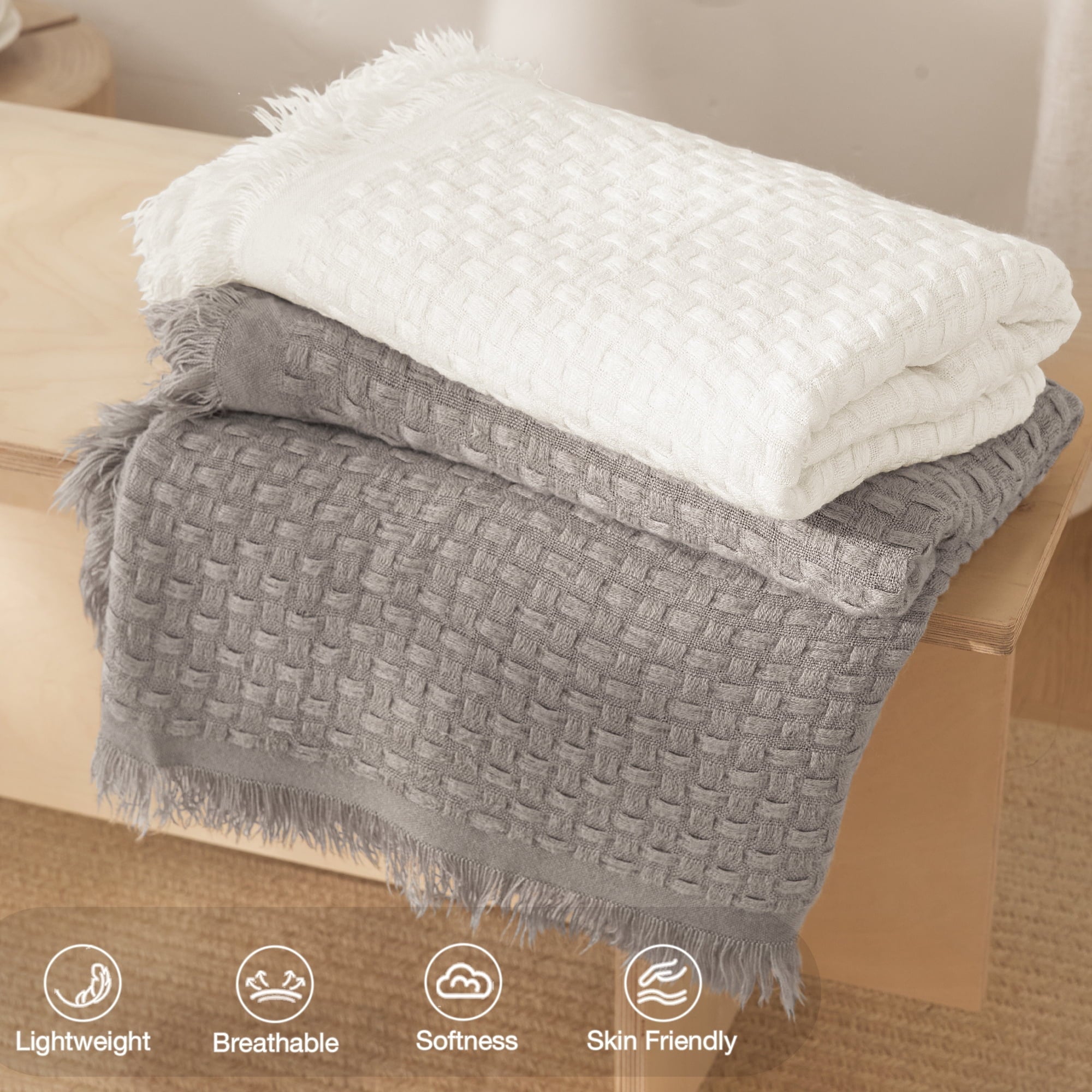 Lightweight Warm Knitted Throw Blanket with Fringes for Couch, Soft and Warm Textured Throw for All Season, Lightweight Breathable Roo... - Cozy Fleece Throw Blanket for Couch & Bed Detail