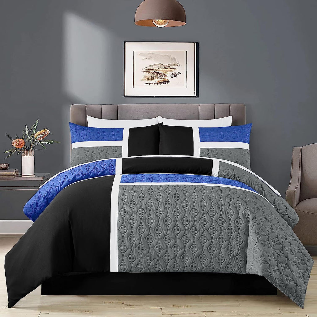 All-Season Bernard 7-Piece Full Bed in a Bag Comforter Set with Sheets, Lightweight Comforter Blue Black Gray Patchwork Quilted ... - Hypoallergenic Ultra-Fluffy Quilt for Winter Detail
