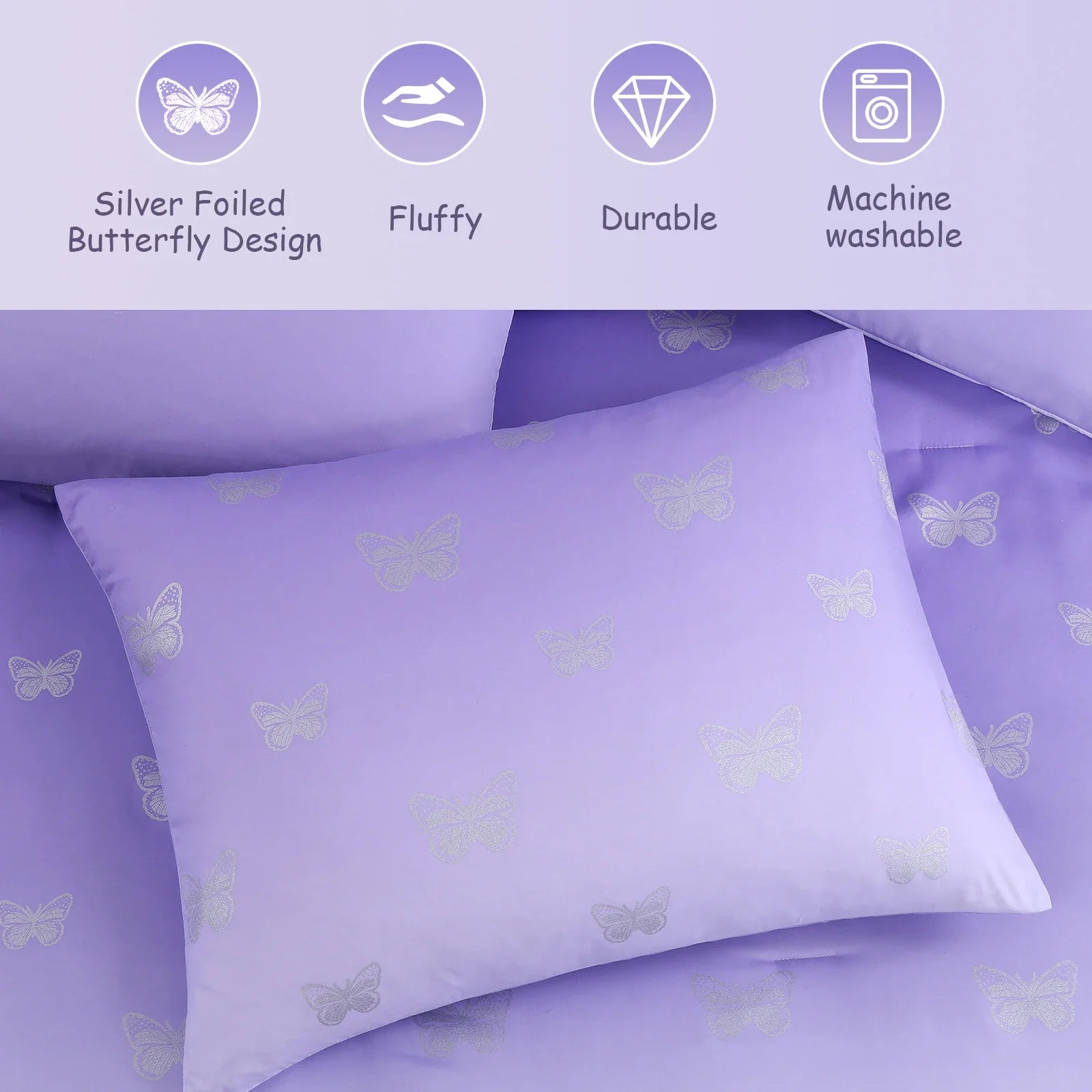 All-Season gold foil Design 7-piece Bed in a Bag Comforter Set with Sheets,Purple/Silver Butterflies,Full - Luxurious Quilted Duvet Cover Set Detail