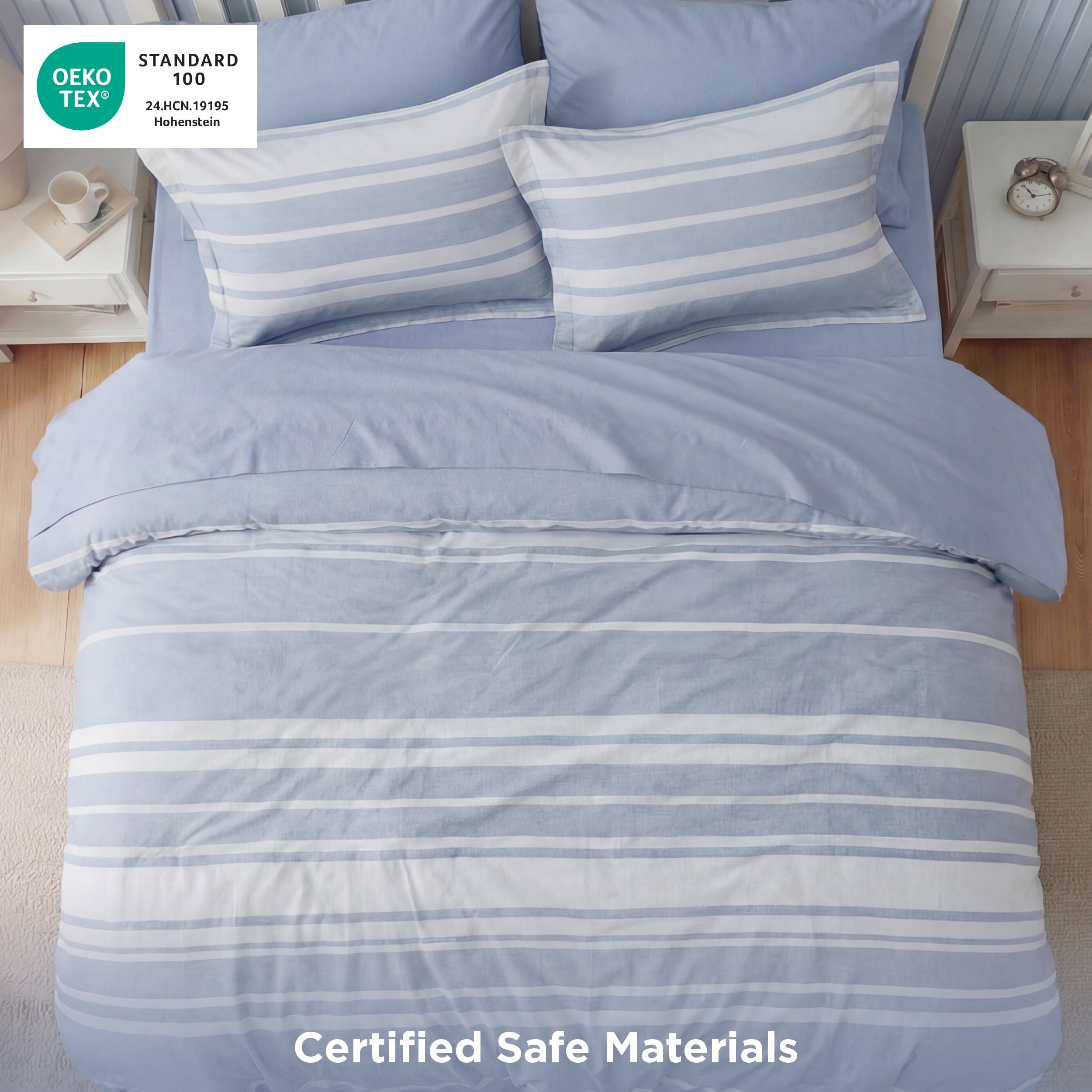 Luxurious Quilted Queen Comforter Set Blue, Bed in a Bag Queen Size Bedding 7-Pieces, Striped Bedding Set for All Seasons - All-Season Down Alternative Comforter Insert Detail
