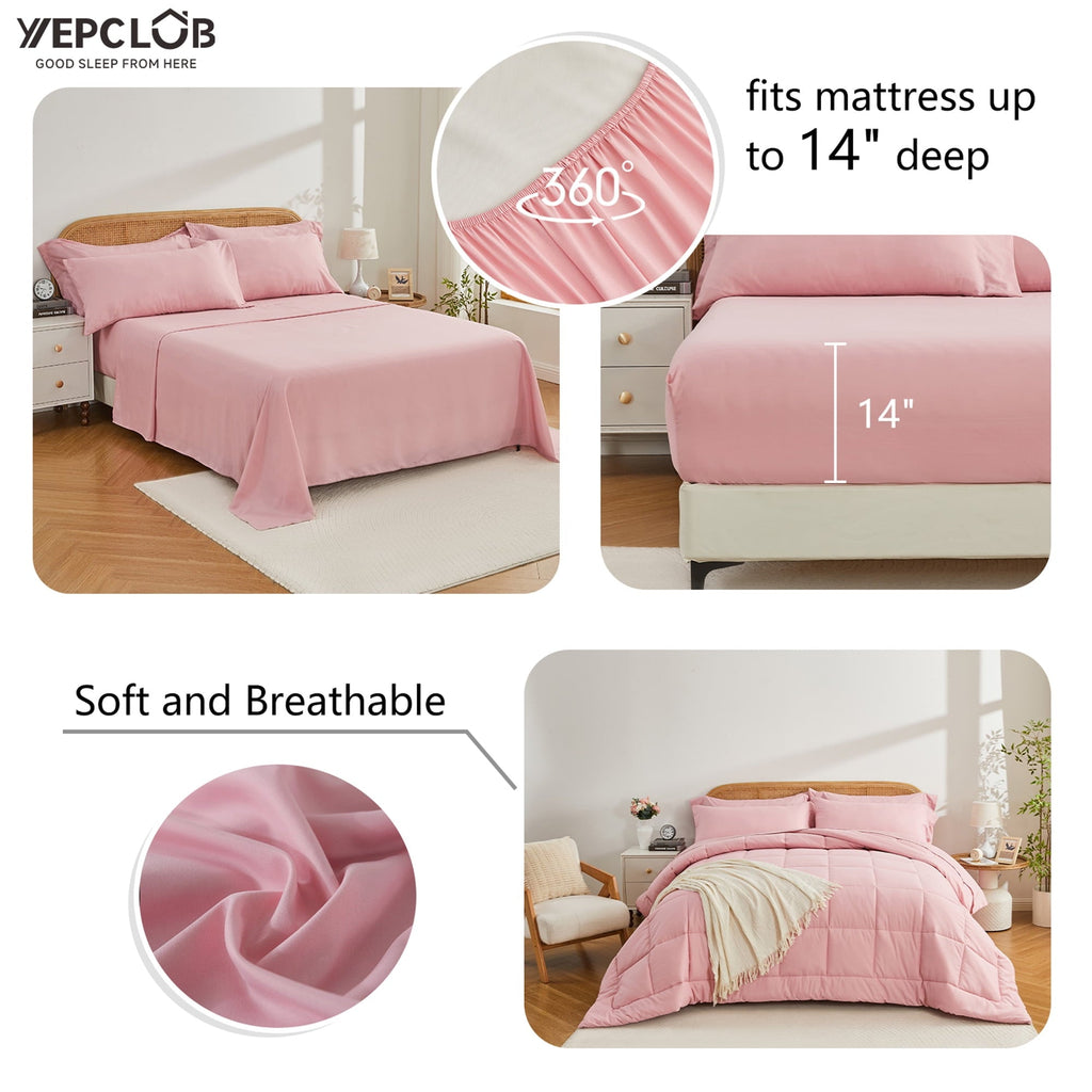 Hypoallergenic Cloud 7-Piece Queen Size Comforter Set,Pink Reversible Bed in a Bag,All Season Solid Bedding Set with Sheets,Pillowcases & ... - All-Season Down Alternative Comforter Insert Detail