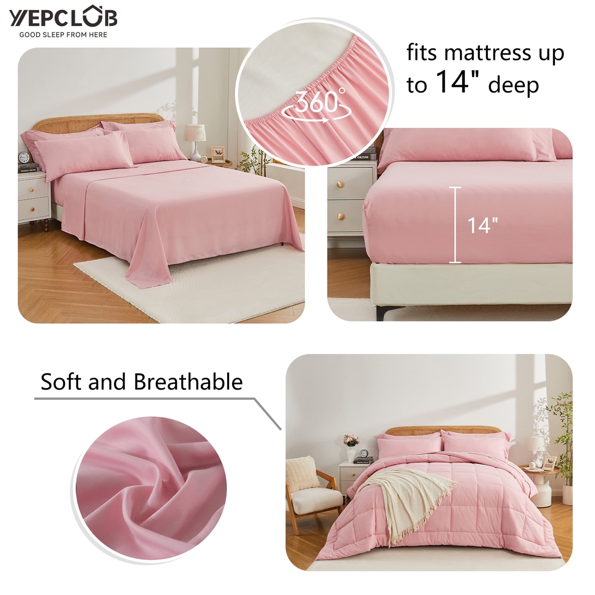 Hypoallergenic Cloud 7-Piece Queen Size Comforter Set,Pink Reversible Bed in a Bag,All Season Solid Bedding Set with Sheets,Pillowcases & ... - All-Season Down Alternative Comforter Insert Detail