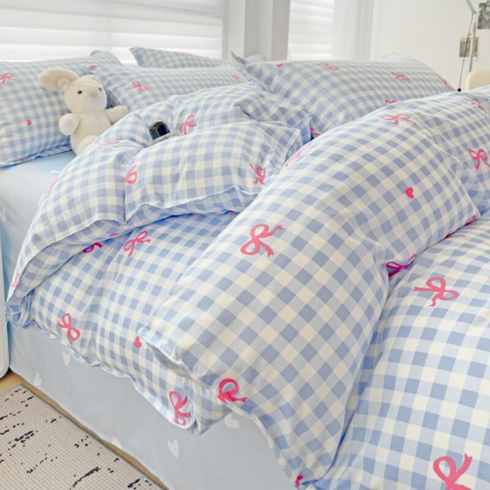 Heavyweight Warmth 3-Piece Blue Plaid Pink Bows Comforter Full Set , Cute Soft Bedding Set for Kids Adults - Cloud-Like Soft Lightweight Bed Comforter Detail
