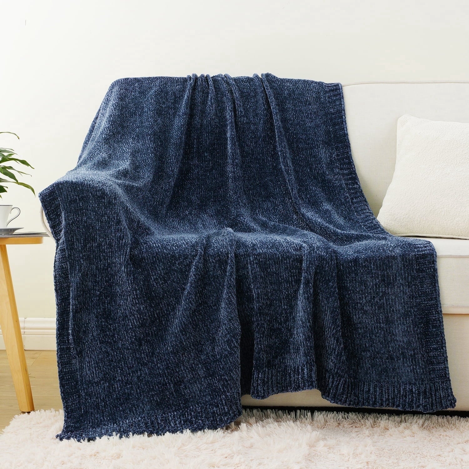 Reversible Sherpa Navy Blue Chenille Throw for Couch Bed,Soft Navy Knit Blanket, Housewarming Gifts, 51"x 67" - Luxury Knitted Decorative Throw Blanket with Fringes Detail