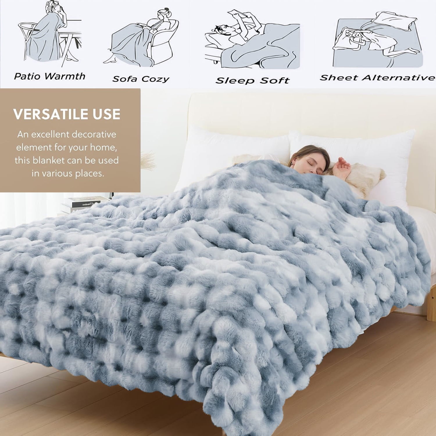 Reversible Sherpa Faux Fur Blanket Fluffy Luxury Throw Blanket Plush Fuzzy Blanket for Couch Bed 50×60 Inches Tie-dyed Blue - Lightweight Plush Warm Blanket for All Seasons Detail
