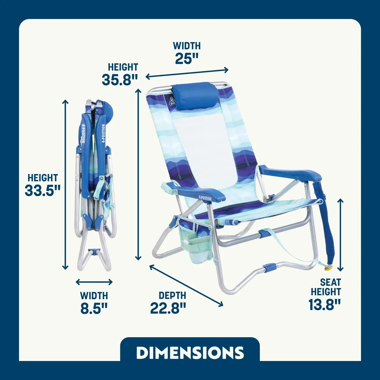 Sand-Friendly Bi-Fold Beach Chair - Choice 601 - Multi-Position Outdoor Beach Chair with Pillow Detail
