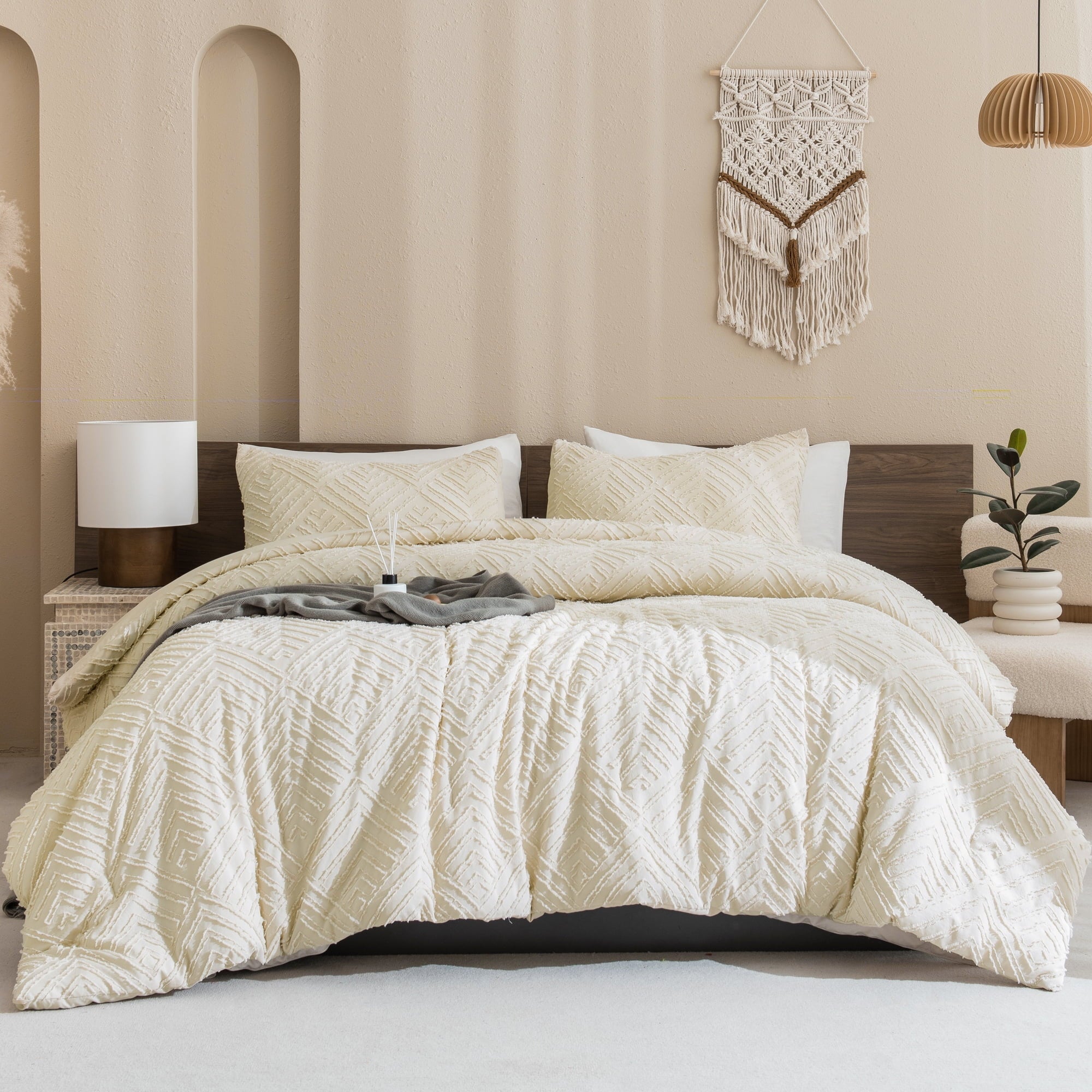 Fluffy Down Alternative King Size Comforter Sets Beige - 3 Pieces Cream Boho Bedding Comforter Set for King Bed - Soft Fluffy Tufted Textured... - Hypoallergenic Ultra-Fluffy Quilt for Winter Detail