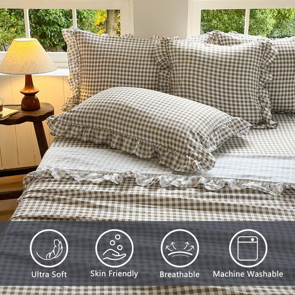 Cooling Sateen Tan Gingham Ruffle Queen Sheet Set, Taupe Soft Pre-Washed Microfiber Plaid Ruffled Queen Bed Sheets, 4-Pieces Farmhou... - Luxury Bed Sheet Set with Deep Pockets Detail