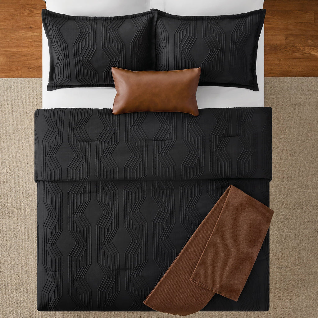 Heavyweight Warmth Full/Queen Comforter Set, All-Season, 5-Piece, Black Jacquard Geo - Hypoallergenic Ultra-Fluffy Quilt for Winter Detail