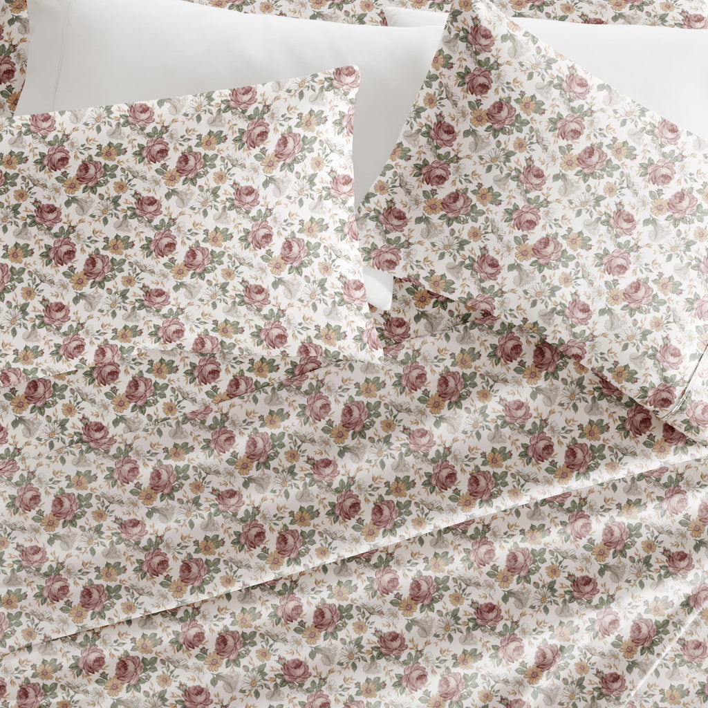 Cooling Sateen 4 Piece Pattern Microfiber Bed Sheets Set, Blooming Floral Rose, Queen - Premium Ultra-Soft Pillowcase Pair for Sleeping Detail