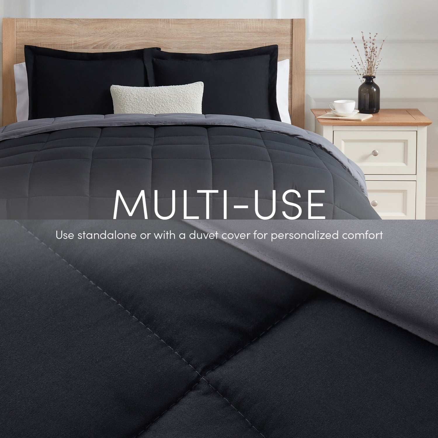Heavyweight Warmth Queen Comforter Set, 3 Piece Bed in a Bag, Reversible Down Alternative Bedding Set, Black & Gray - Luxurious Quilted Duvet Cover Set Detail