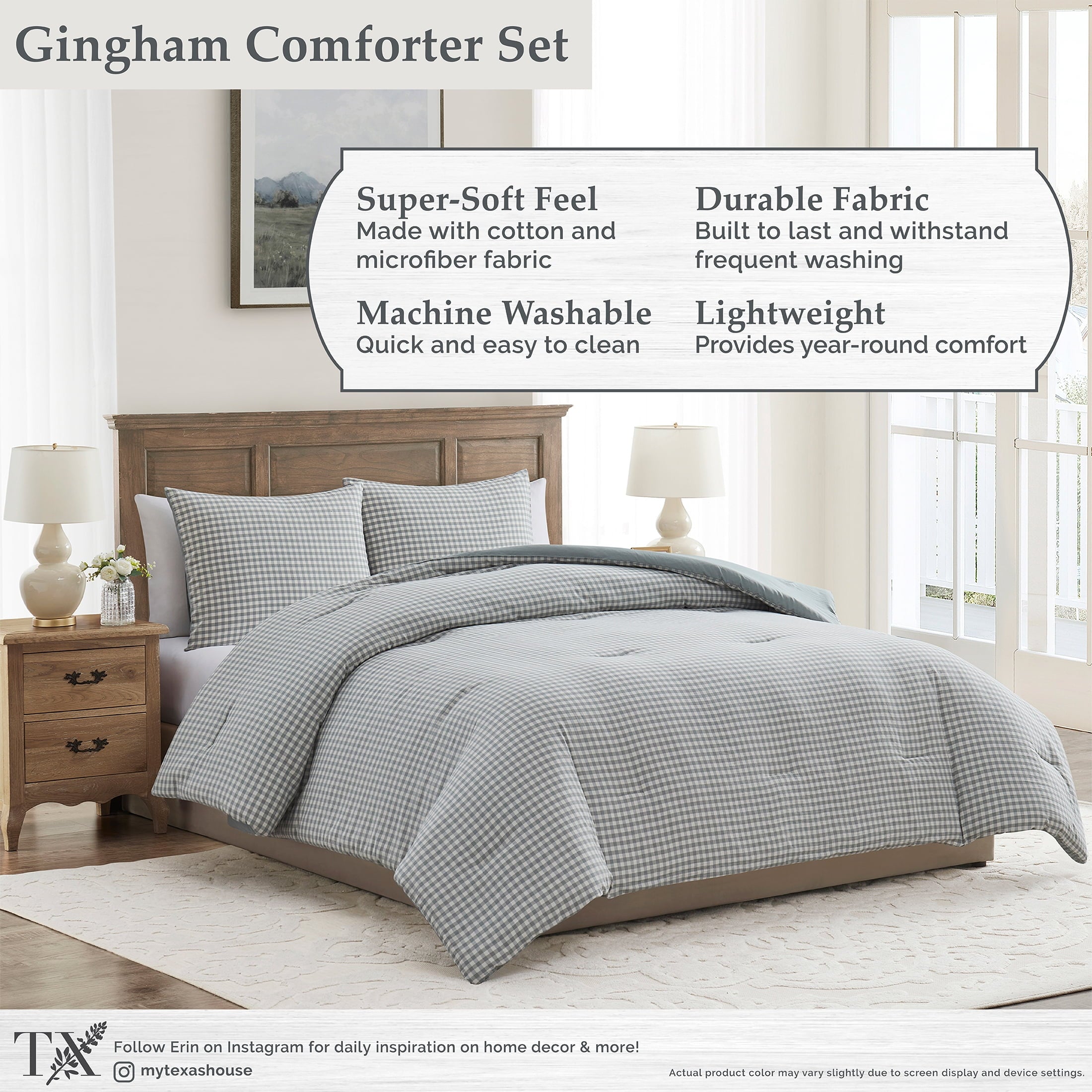 Fluffy Down Alternative Full/Queen Comforter Set, All-Season, 3-Piece, Green Gingham Plaid - Hypoallergenic Ultra-Fluffy Quilt for Winter Detail
