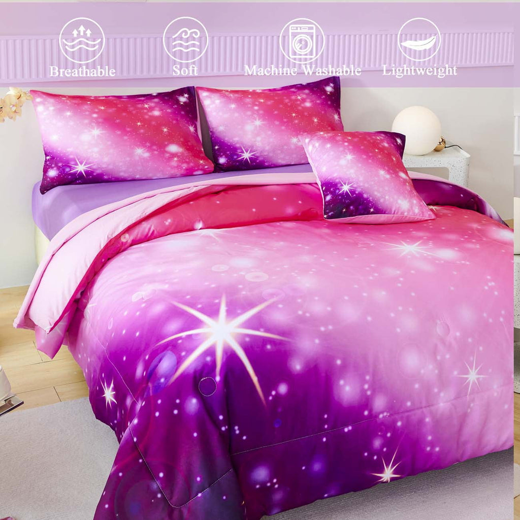 Luxurious Quilted 4Pcs Rainbow Twin Size Comforter Set for Girls, Pink Purple Gradient Glitter Kids Bedding Sets, Soft Galaxy Girls Bed... - Cloud-Like Soft Lightweight Bed Comforter Detail