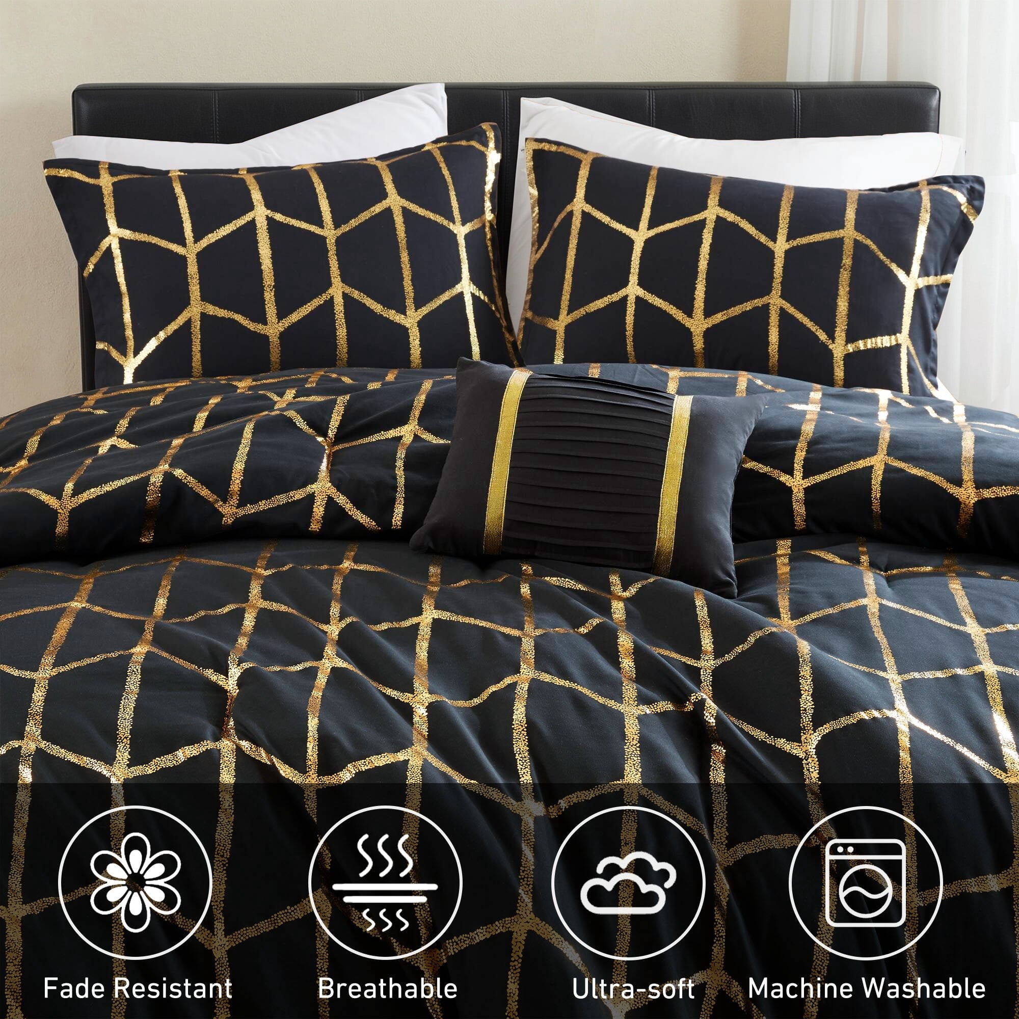 Luxurious Quilted Full/Queen Size Comforter Set, 4-Piece Bedding Set for All Seasons, Geometric Metallic Comforter Bed Set with Decor P... - Luxurious Quilted Duvet Cover Set Detail